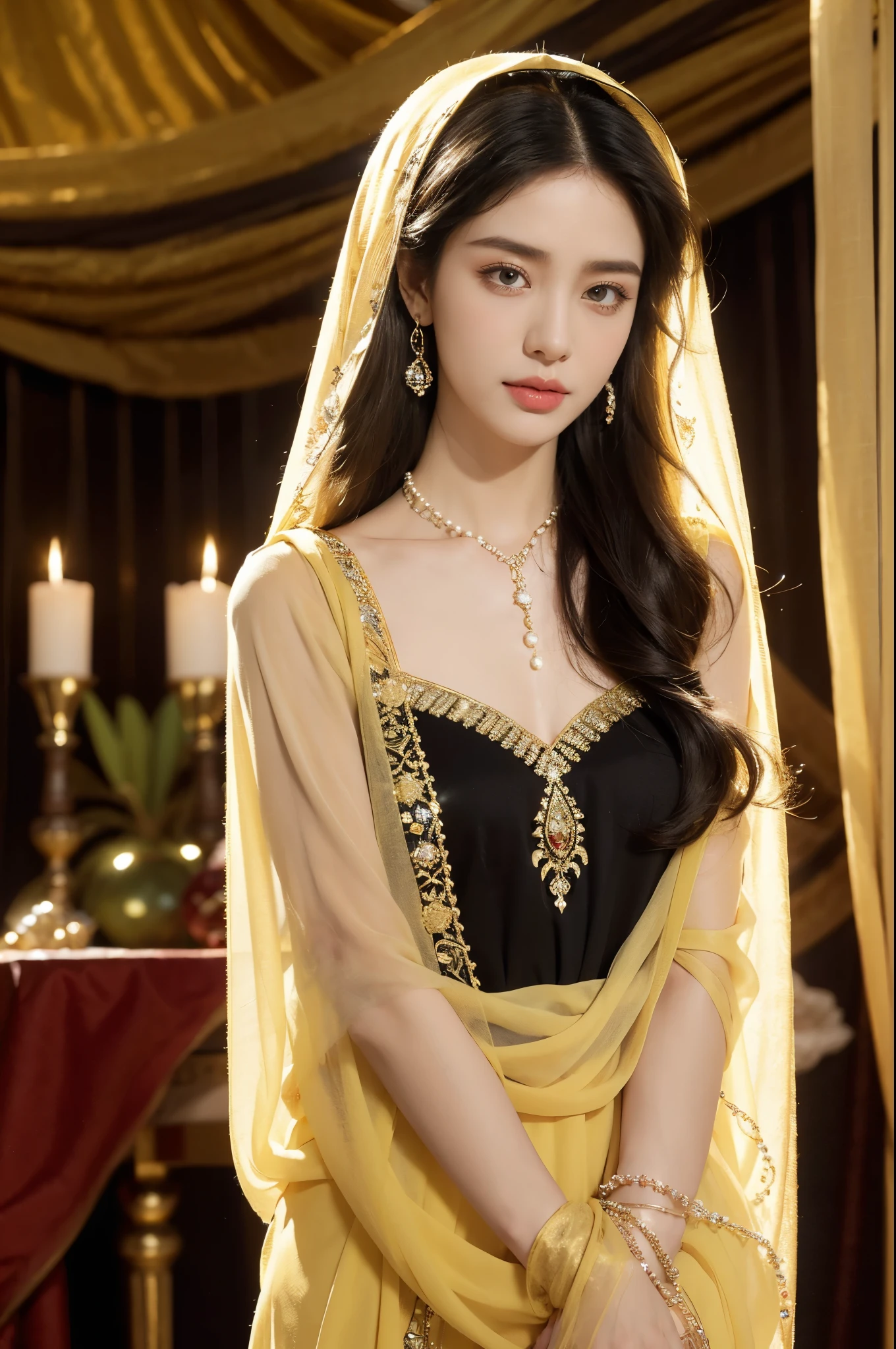 (((best quality))),(((ultra detailed))),(((masterpiece))),illustration,((1girl,Arabian dancer,solo)),(yellow hijab:1.3),((slim,thin)),((small breasts,flat chest)),((earrings,necklace)),((pearls,jewels,gemstones)),(night scene:1.3),(standing:1.3),(arms behind back:1.2),(in luxurious palace:1.3),(indoor:1.3),(gorgeous embroidered yellow sheer abaya:1.3),intricate patterns,((Arabian theme,Middle Eastern culture)),(shoulder length straight hair:1.2),(sheer veil on face:1.3),mystery, ornate furnishings, decorations, enchantment, magic, Persian magic carpet,night sky, floating,flame, fulfillment of desires,romance,One Thousand and One Nights, coherent narrative, dreamlike atmosphere, deep emotions, graceful movements, passion, face beneath the veil, beloved's dream, timeless beauty, enchantment,magical world, wondrous journey,((from front,upper body))