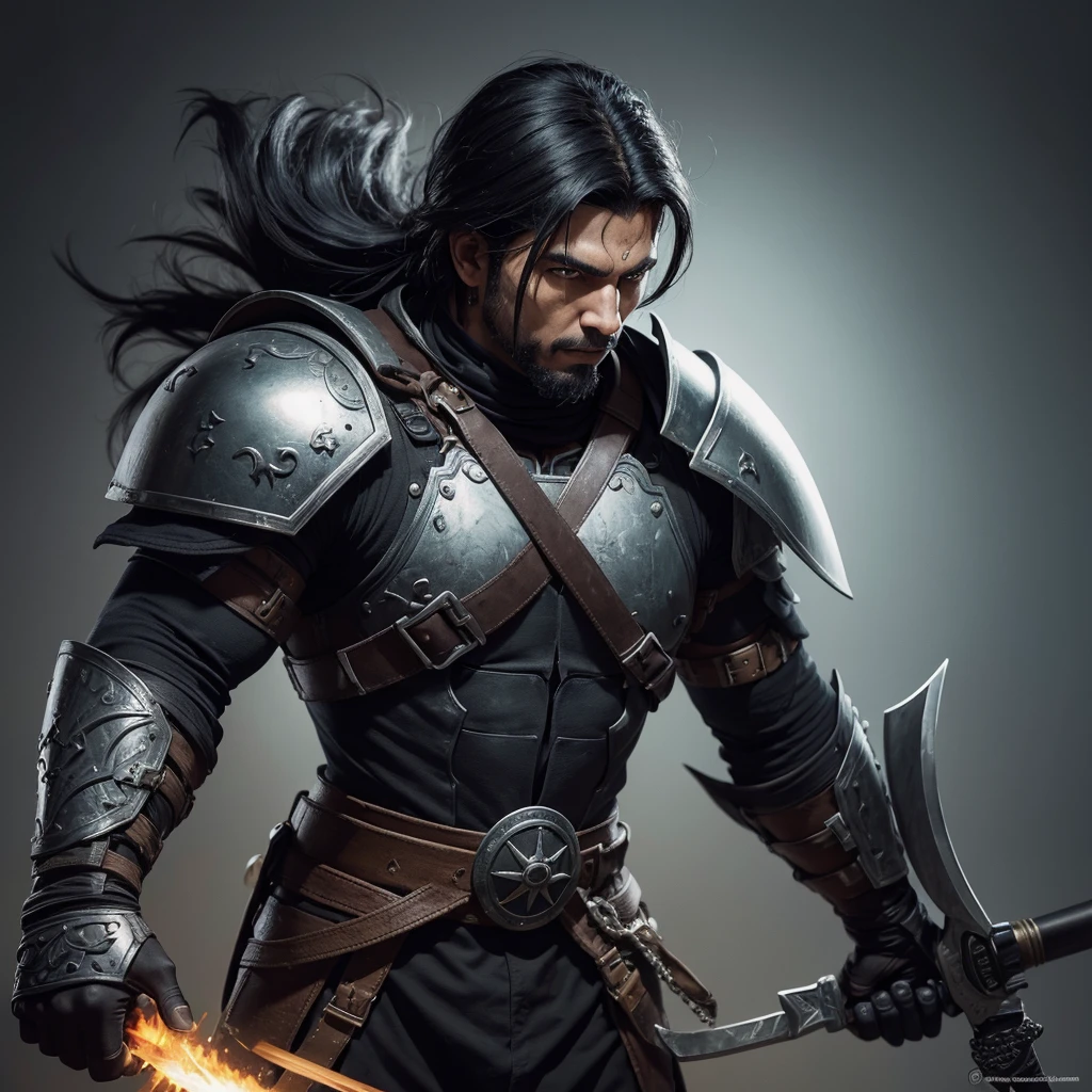 Brazilian warrior, mutant man, black hair, with black templar armor, black gloves, curved double-edged sword in his hands, ninja bandana in his face