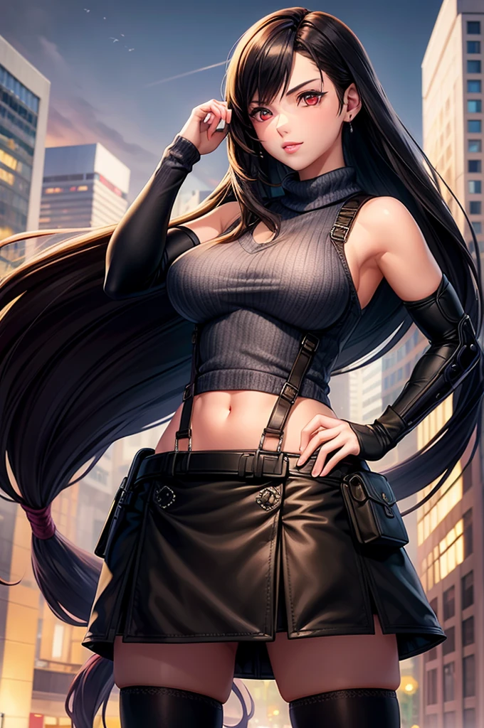 perfect eyes:1.2, detailed eyes:1.4, serious, hand on hip, night, city, metTifa, red eyes, large breasts, low-tied long hair, earrings, cropped sweater, blue sweater, off-shoulder, short sleeves, suspender skirt, elbow gloves, armored legwear, medium full shot, thigh-level shot, 1girl,(masterpiece:1.6, best quality),
