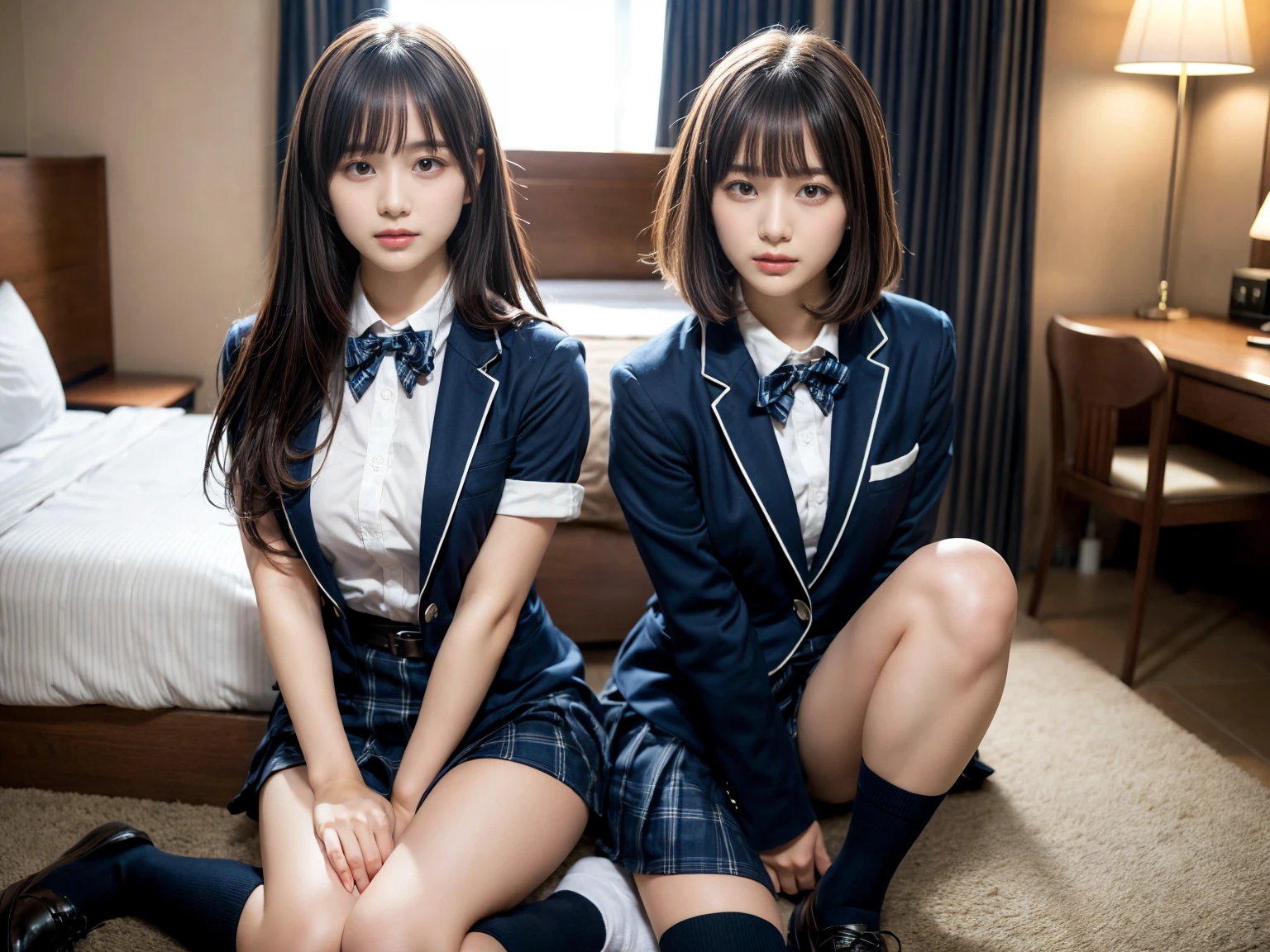 masterpiece, best quality, illustration, Super detailed, fine details, High resolution, 8K,wall paper, perfect dynamic composition,(Details High quality, realistic depiction of eyes:1.3), (3 girls), High school girl uniform、blazer 、Super Short Check Uniform Skirt、Navy blue high socks、garterbelts、 sitting, open legs, short bob hair, in a hotel room in the background, deep on field, large breasts, black hair color, Big Natural Color Lip, (perfect body shape), crying a little、Harajuku style、20 year old girl、cute type、beautiful legs, Gravure Idol