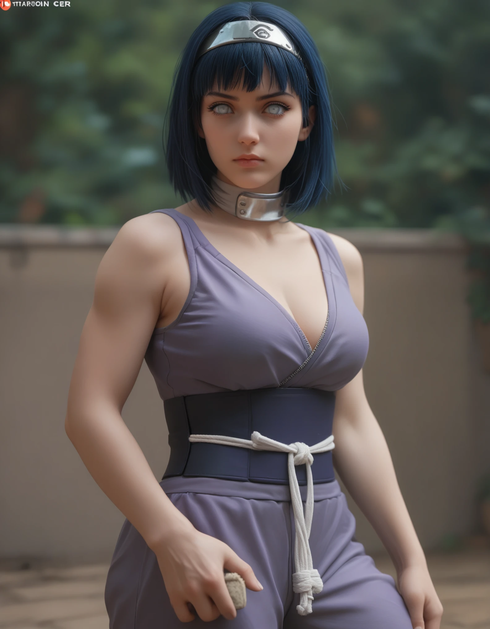 Digital illustration of a female hinata character big tits sexy with long, dark blue hair and pale skin. She has distinctive white eyes and a serious expression. The character is wearing a black mesh top under a purple garment with a white collar, which features a metallic headband with a symbol on it. Her hands are positioned in a specific gesture, suggesting a pose related to martial arts or a similar discipline. The background is blurred, focusing attention on the character. The artist's signature and a URL are visible in the bottom left corner, written in white script. anime, anatomically correct, super detailed, high quality, 4K, high details, super detailed, 4k