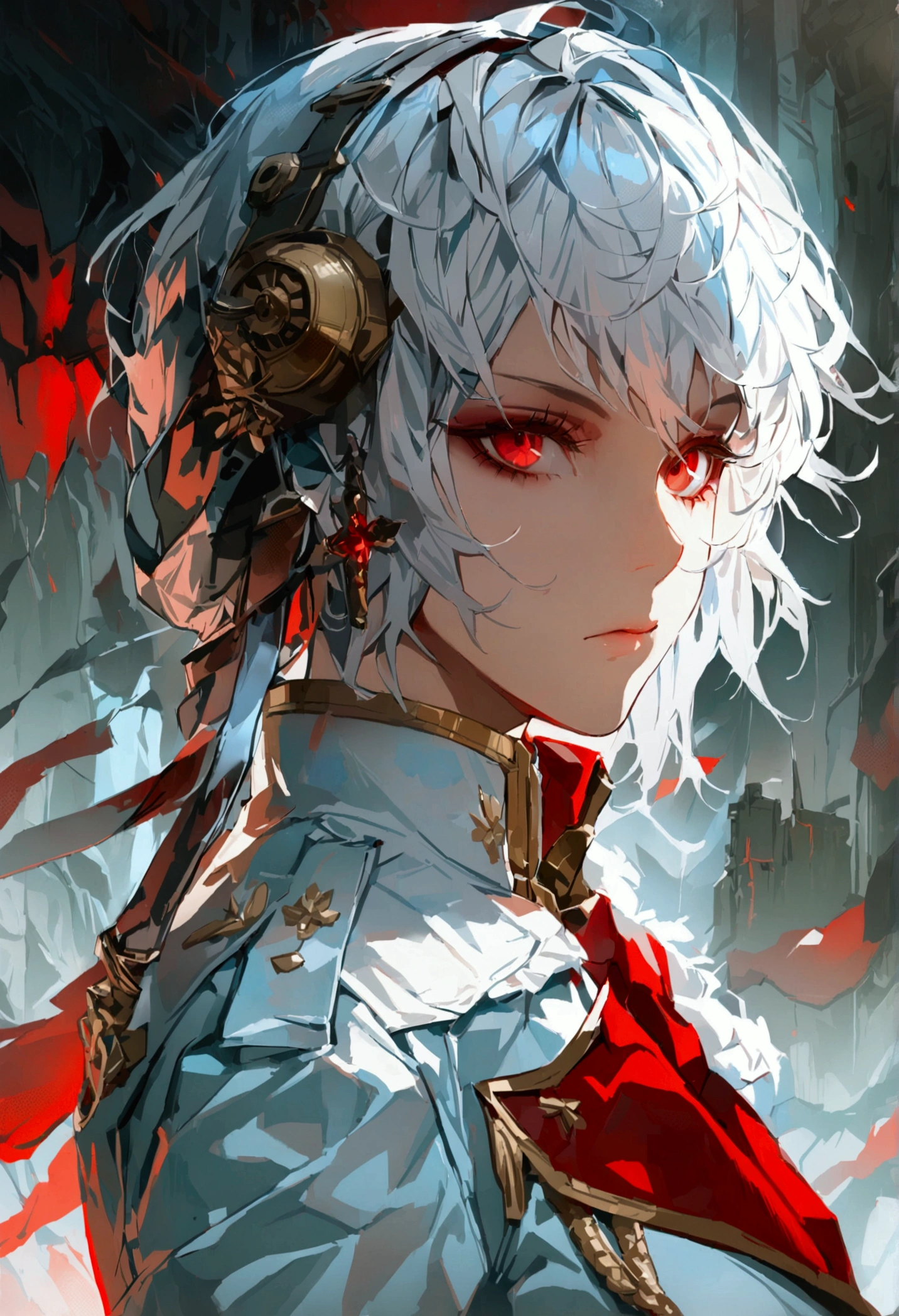 military, Expressionless, coat, Ruthless, uniform, nice, Silver Hair, gloves, Red Eye, Have,((masterpiece)),4K,Very detailed,