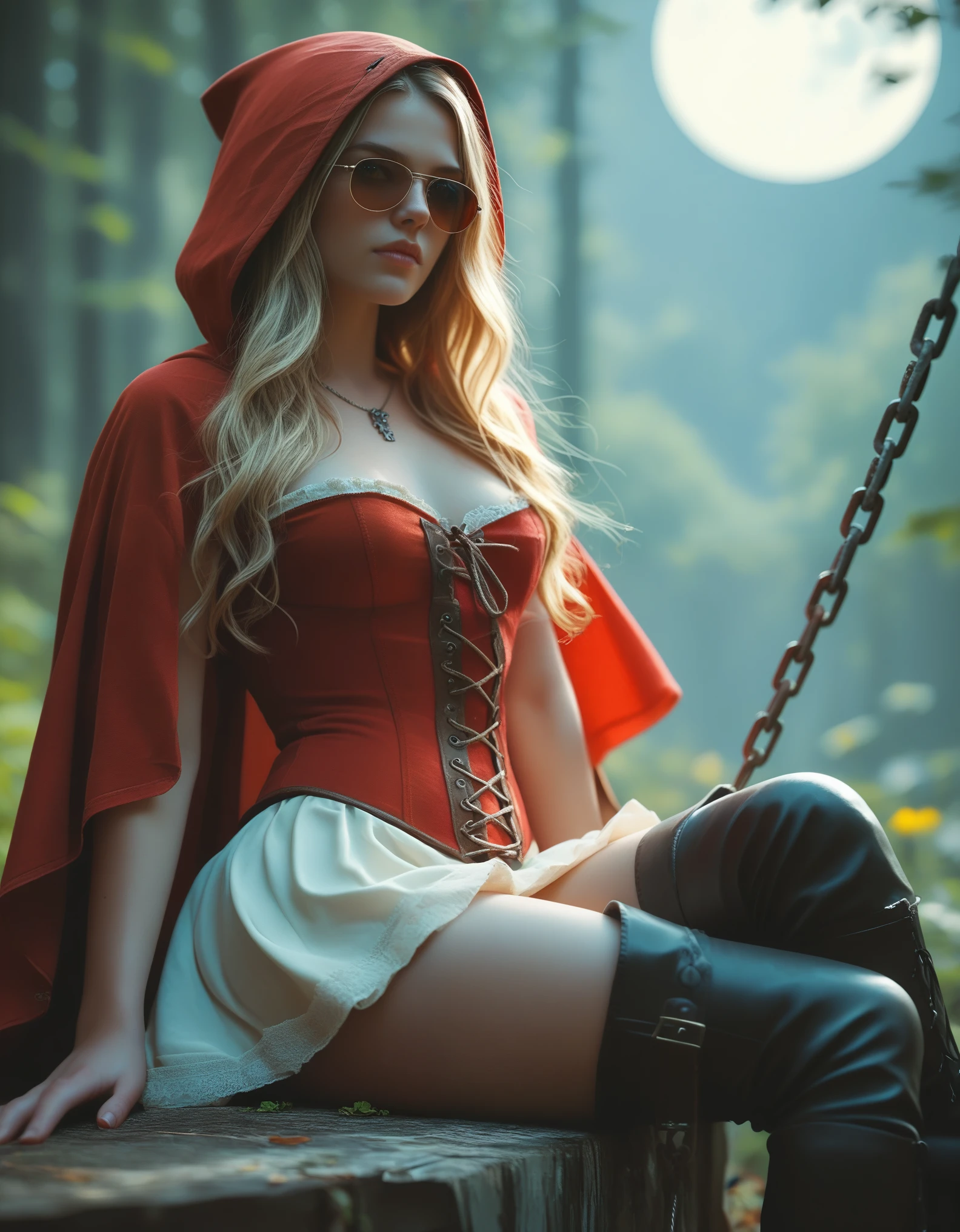 Stylized, fantasy-themed illustration featuring a female character in a red hooded cloak, reminiscent of Little Red Riding Hood. She has long blonde hair, fair skin, and striking facial features with a confident expression. Her outfit is a mix of medieval and fantasy elements, including a corset, thigh-high boots, and a short skirt, all in shades of red and brown. She is holding a chain attached to a large, menacing wolf with glowing yellow eyes. In the background, a full moon illuminates a forest scene with several other wolves. The overall color palette is dark and moody, with green and blue tones dominating the background. The artist's signature is visible on the right side of the image,