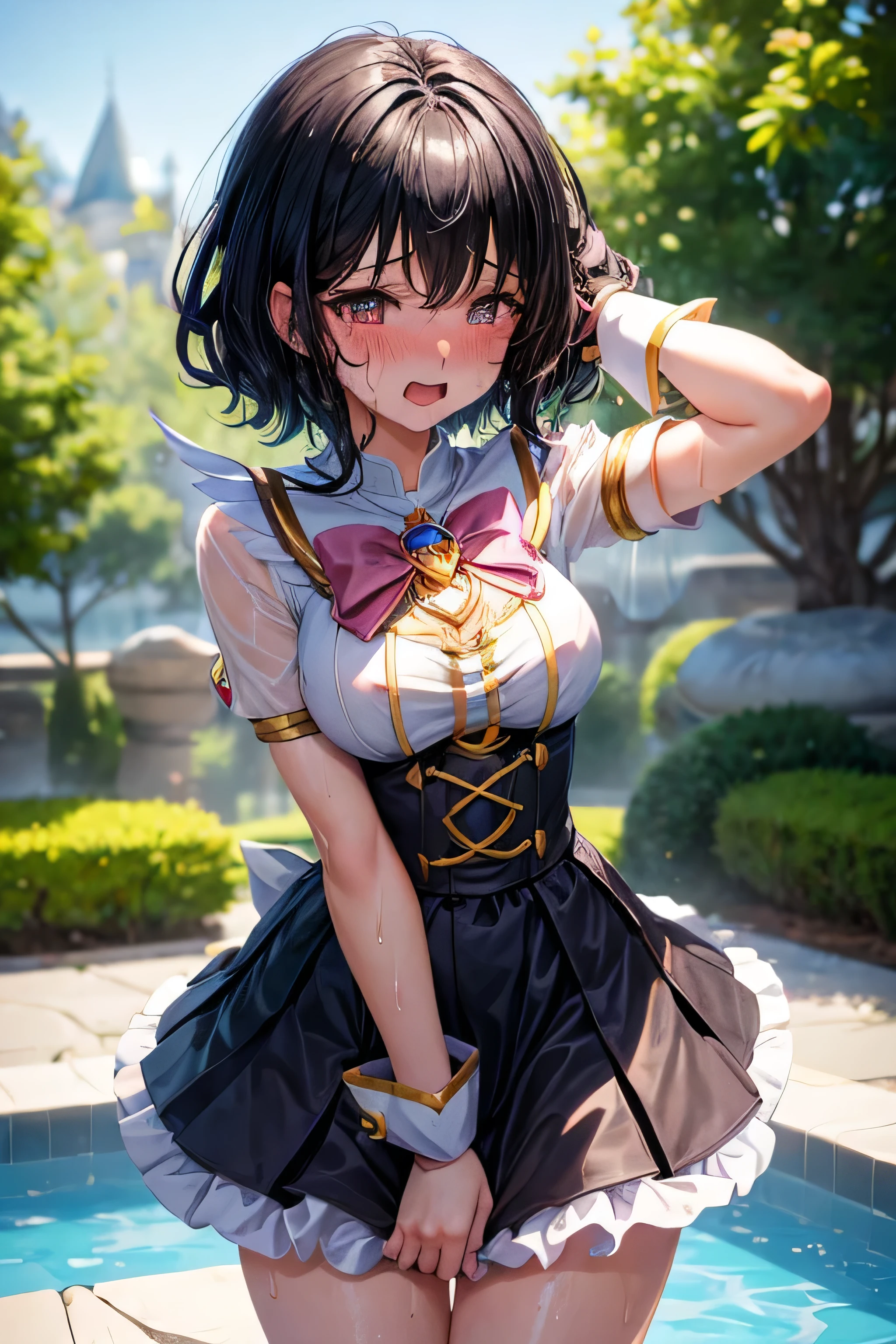 One Woman,20-year-old,((Magical Girl Costume)) ,(((Blushed))), )), ((()))((Mouth open)),(((Magical Girl Costume))(Happy Ahegao),Wet with sweat,(Black-haired,)