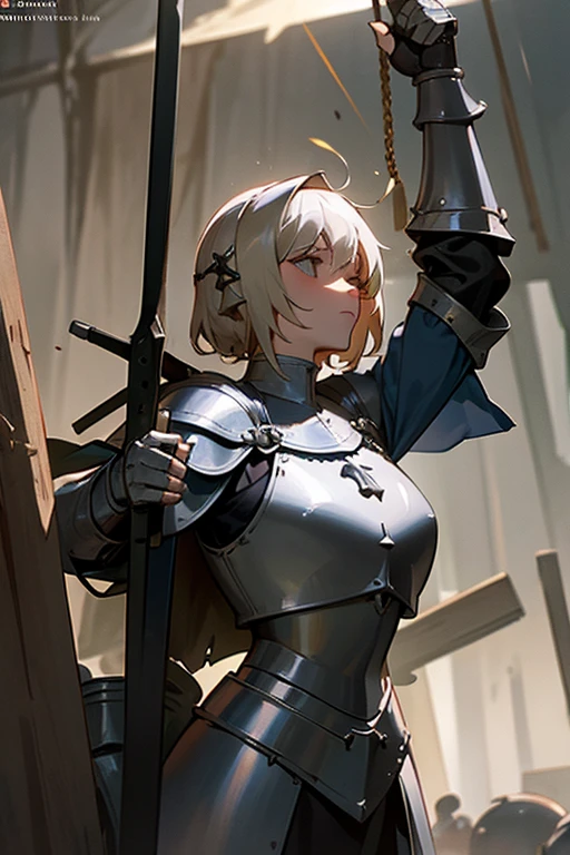 Joan of Arc with destroyed armor and almost on the verge of death