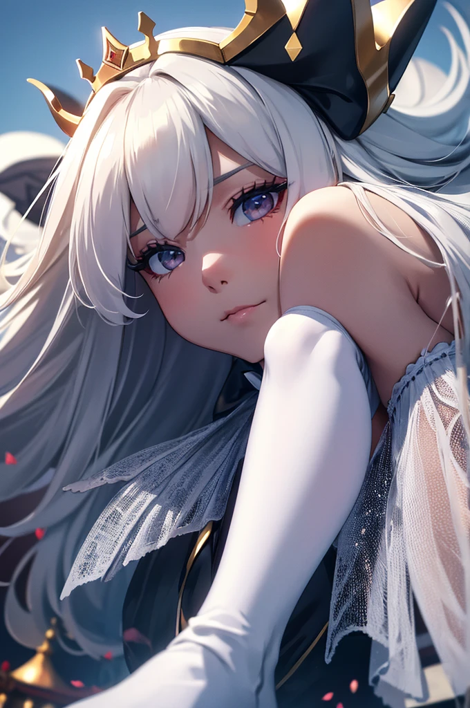 Giant Girl 50,000 feet high,Weight 1000 kg,Have a pair of long legs,Like a demon queen who is pregnant for ten months,Smirking and rubbing her belly,How many pairs of devil wings are there?,Wearing a crown symbolizing the devil,Wearing white earrings,She has long white hair.,Loose hair,White long wavy hair,Wearing a pair of white boots,White sleeves,Wearing white lace pantyhose,Bow and star embellished tights,白色蕾丝whole body,Beautiful appearance,Exquisite makeup,quality,8k,高quality,Perfect proportion, Cinema Lighting,Film Grain,Fuji Color,8k,Textured Skin,Super Detail,High Detail,high resolution,charming,Stand in the city,Trampling destroys the city,Blood,脚底有Blood,whole body,fat,Reign in the world