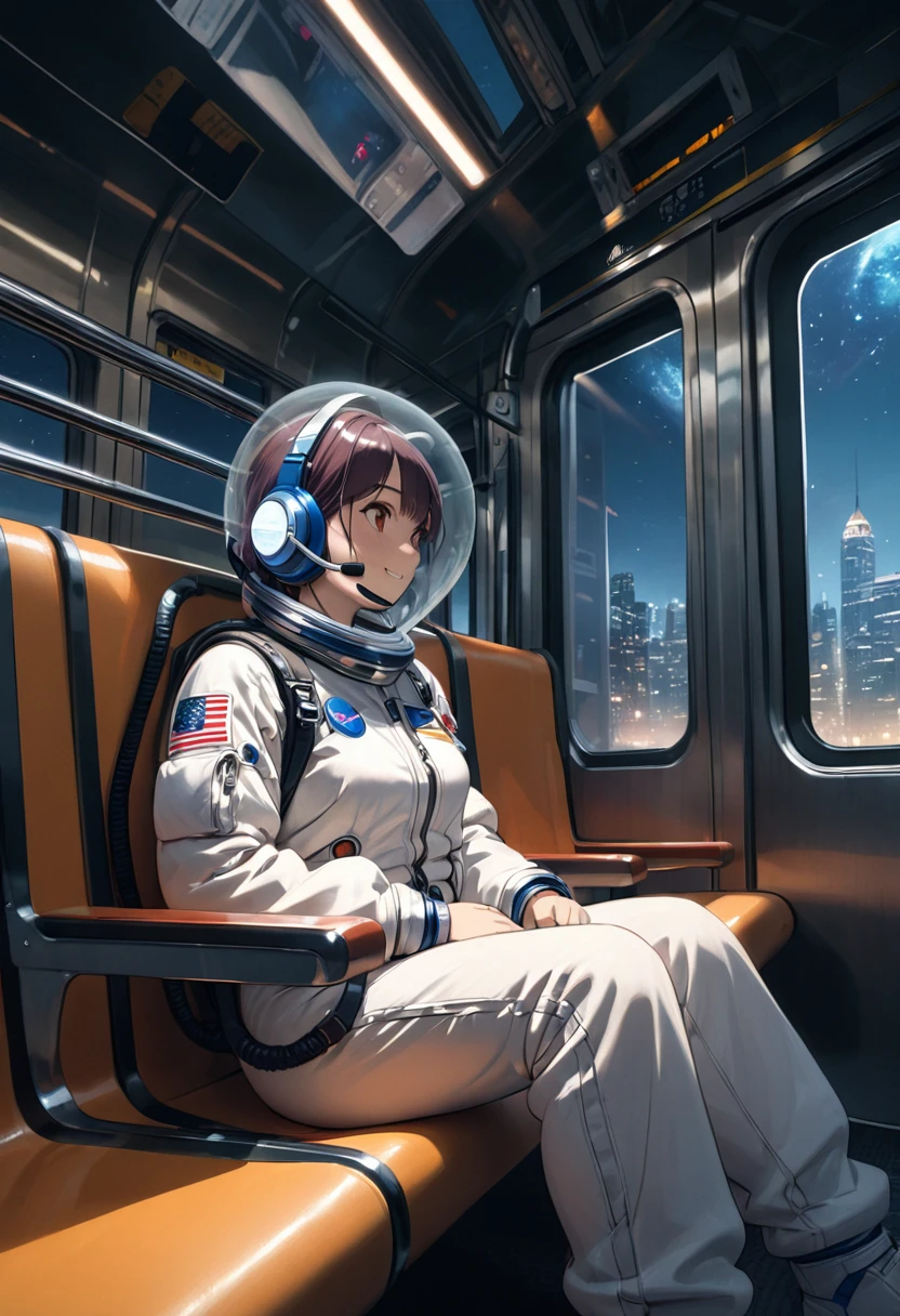 space helmet, (cinematic scene, sitting on a chair, train interior, , city view, night view: 1.5), space helmet, eva helmet, space suit, astronaut), smile bubble helmet, very detailed, speed helmet, bubble helmet, ,upper body, astronaut),eva helm, spacesuit , astronaut),girl, wearing a (spacesuit:1.15), white cargo pants, (headsets:1.5)