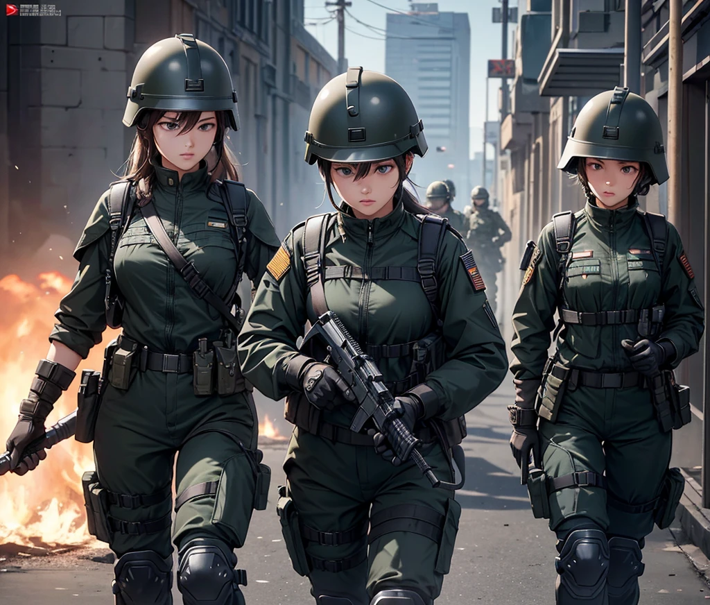 A group of female soldiers wearing black zippered military uniforms、Wear a steel helmet、Gloves、Tactical shoulder strap、Knee pads、Write details、masterpiece、best quality、Highly detailed CG、8K picture quality