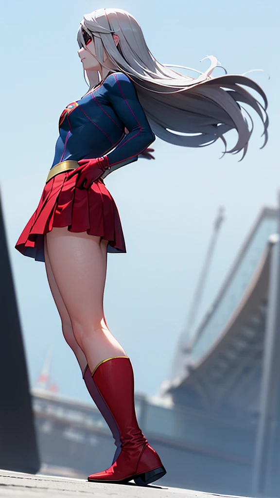 (whole body), (masterpiece:1.2), (Highest_quality:1.2), (Ultra_detailed:1.3), 8k,Low Angle,From below,Big ass girl, Mid-chest, Pose in front,barefoot,Red Boots,3D Rendering,( Supergirl),Laura Bodewig, Long Hair, (Red eyes:1.3), Grey Hair, Eye patch,Red Skirt,The skirt is short,,A blue leotard is visible under the skirt.,The skirt is blown away by the wind,Red Cape,gloves,Simple Background,White Background,