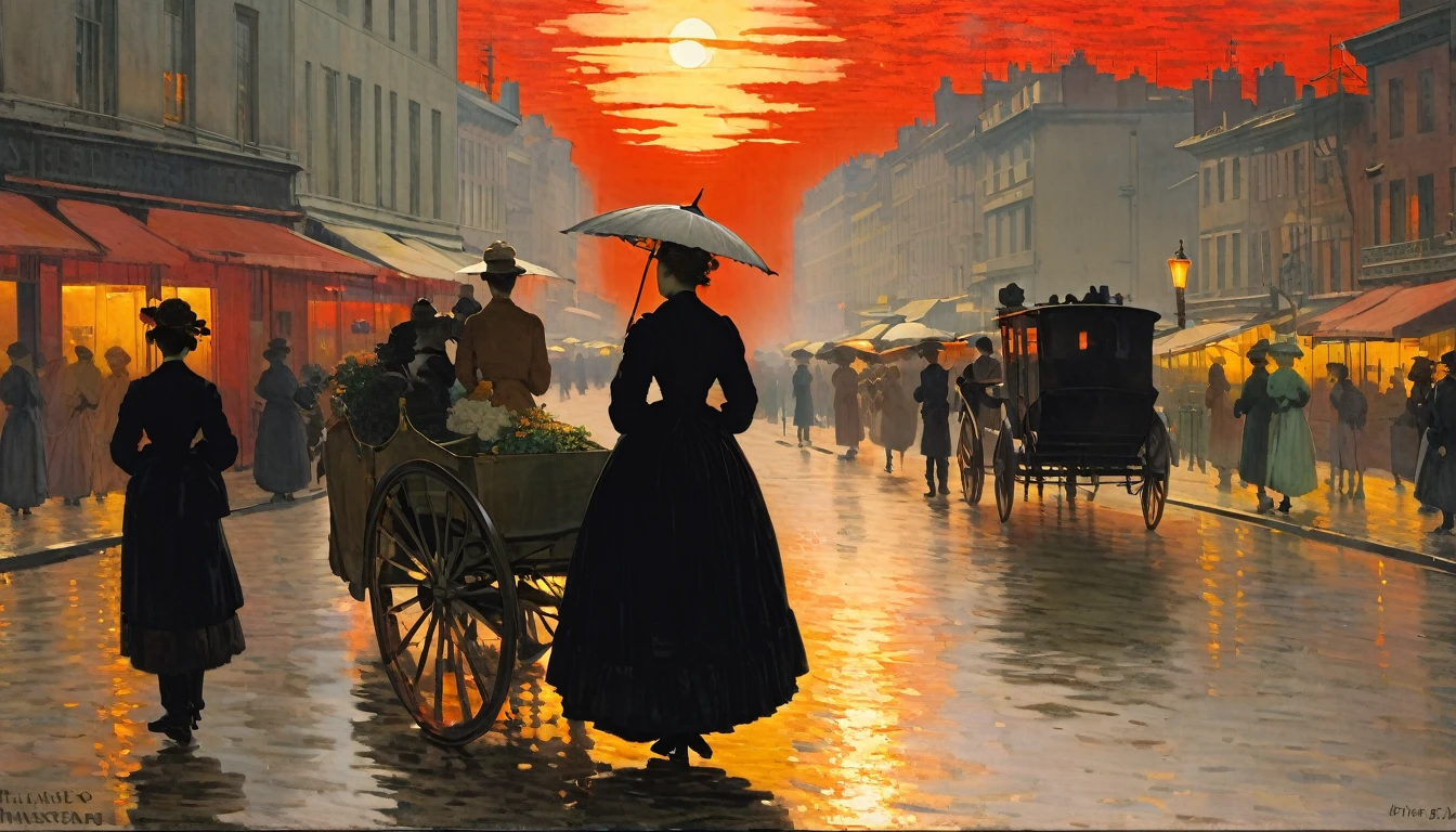 Impressionism, Childe Hassam, Ramon Casas, John Atkinson Grimshaw, Frederic Remington, Red sunlight, scenery, sunset, city,