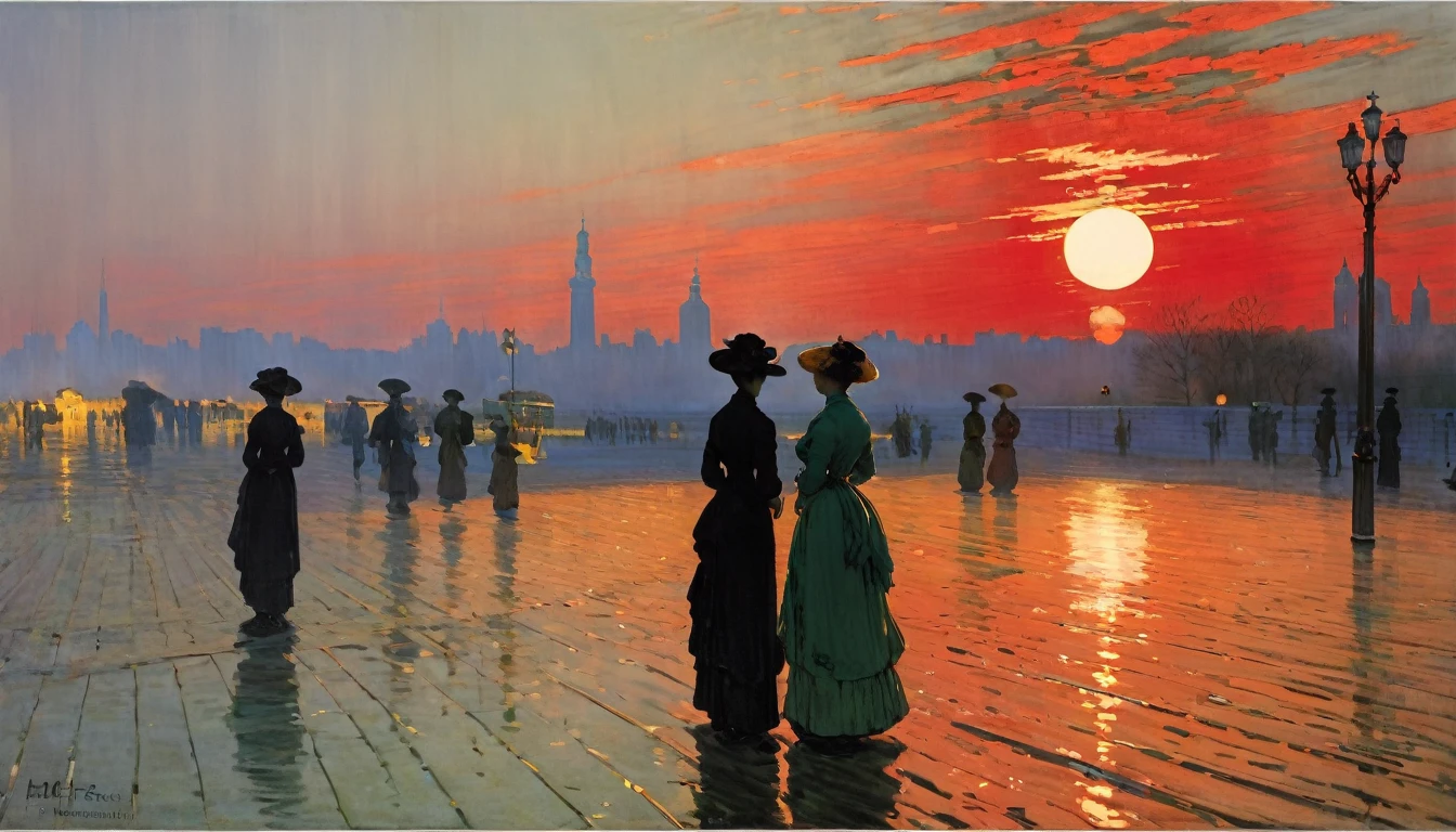 Impressionism, Childe Hassam, Ramon Casas, John Atkinson Grimshaw, Frederic Remington, Red sunlight, scenery, sunset, city,