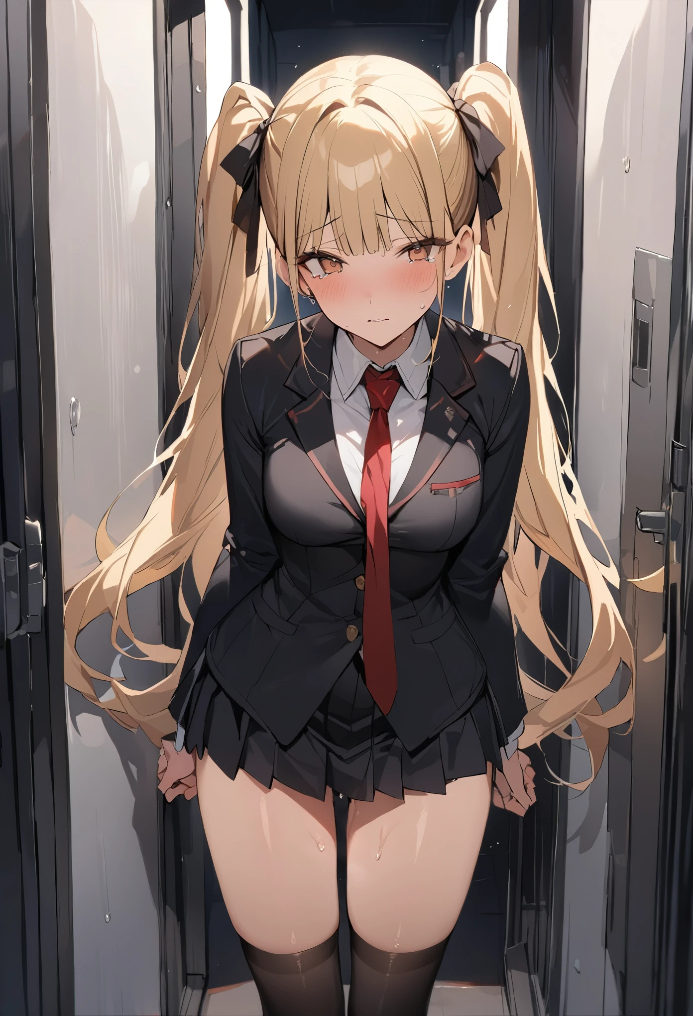 ((masterpiece,best quality anime,Highest quality:1.3)),after rape,cowboy shot,Mature Beauty,独奏,1woman,((very small head:1.3)),((ideal ratio body proportions:1.2)),blonde hair,high twin tails,straight long hair,bangs,gorgeous eyes,brown eyes,sad,tears,(Academy制服、Black blazer jacket、Red tie、Black pleated mini skirt),black_thighhighs,black hair ties,((slender body,skinny)),medium breasts,sweat:1.3,gleaming skin,shiny skin,creampie,cum drip、walk、corridor、Academy、Modern Tokyo、