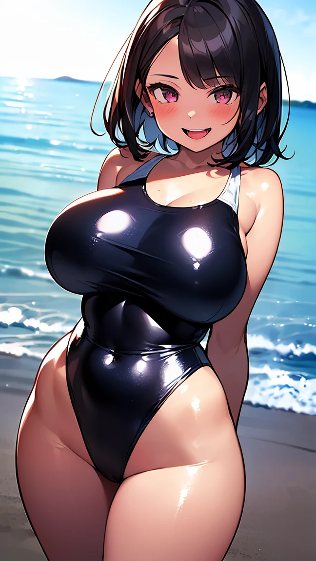 high resolution、Ultra HD、Best Quality、Top quality、Extremely detailed image quality、Realistic woman、(evil smile:1.3)、open mouth, ((1girl:1.8))、(looking straight:1.8), Japanese、Peaceful face、(, young girl:1.8)、curvy body、belly button、short black hair、Shiny skin、Skin that is very shiny after applying oil、High gloss skin、Facing forward、The whole body is reflected、(beach:1.5)、 standing、Woman wearing(one-piece swimsuit:1.5), (High leg swimsuit:1.2), High leg panties, (Bursting huge breasts、Valley、Shiny skin、radiant skin、Glowing Skin、High gloss skin:1.4)、(arms behind back:1.2), 