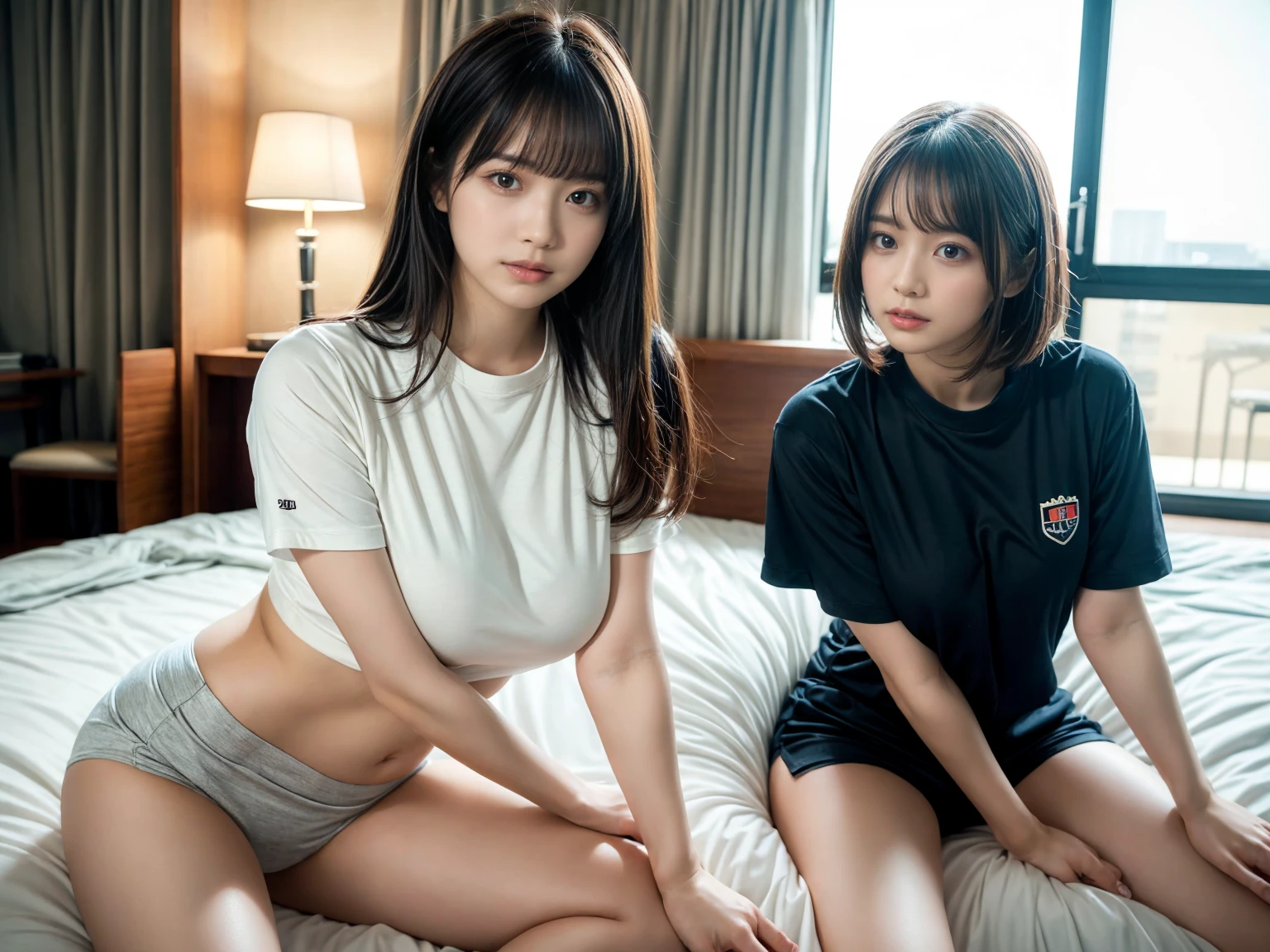 masterpiece, best quality, illustration, Super detailed, fine details, High resolution, 8K,wall paper, perfect dynamic composition,(Details High quality, realistic depiction of eyes:1.3), (2 girls), oversized sport shirt, shorts women, sitting, open legs, short bob hair, in a hotel room in the background, deep on field, large breasts, black hair color, Big Natural Color Lip, (perfect body shape), crying a little、Harajuku style、20 year old girl、cute type、beautiful legs, Gravure Idol