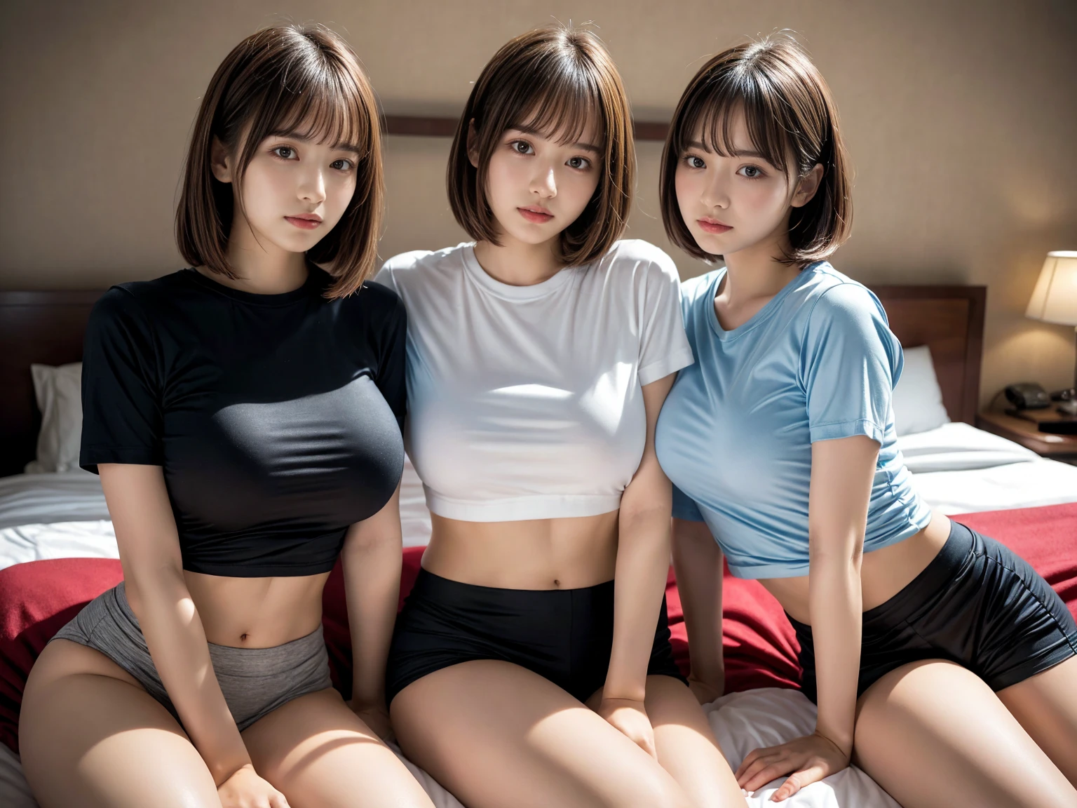masterpiece, best quality, illustration, Super detailed, fine details, High resolution, 8K,wall paper, perfect dynamic composition,(Details High quality, realistic depiction of eyes:1.3), (2 girls), oversized sport shirt, shorts women, sitting, open legs, short bob hair, in a hotel room in the background, deep on field, large breasts, black hair color, Big Natural Color Lip, (perfect body shape), crying a little、Harajuku style、20 year old girl、cute type、beautiful legs, Gravure Idol
