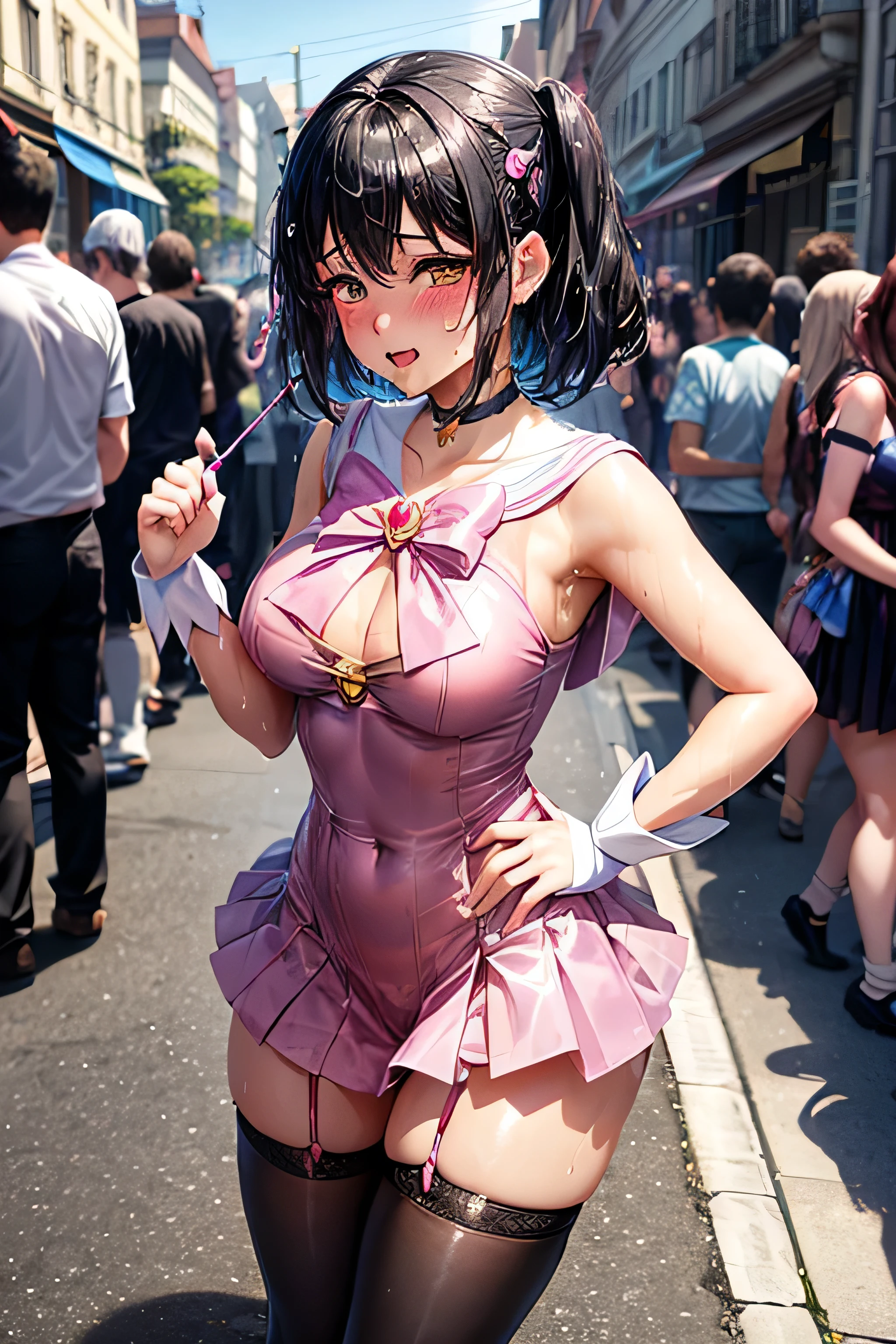 One Woman,20-year-old,((Magical Girl Costume)) ,(((Blushed))), )), ((()))((Mouth open)),(((Magical Girl Costume))(Happy Ahegao),Wet with sweat,(Black-haired,),((street,crowd,))(())