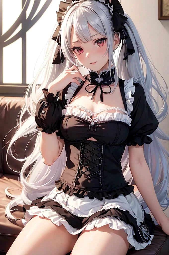 ((Tabletop)), high quality,(Focus on people:1.3),( Realistic:1.3),Very detailed, Silver Hair,(Putting out your forehead:1.3), (White clothes: 1.2),(Gothic ta:1.5), Short sleeve,優しくて繊細なLolita美少女, Hmph, (Loli.5), Delicate facial features, Glossy lips,Perfect figure, (Narrow waist:1.3),Bright colors, Long twin tails, Natural light,Red eyes, Gorgeous hair ornament,(Fluffy mini skirt:1.5),Cleavage,(Wide open chest:1.5),I can see your thighs,(exposure of skin:1.5),Closed mouth smile,Sit on the sofa,