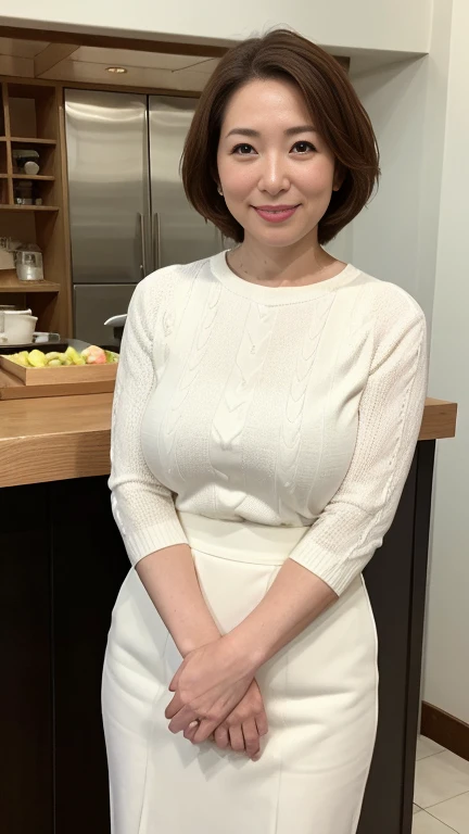 ((Highest quality, 8k, masterpiece, Portraiture: 1.3)), (View your audience), Photorealism, Sharp focus, alone, Japanese Mature, beauty,(Thin face 1.5)、smile、Wrinkles around the eyes, Emphasize, ((Big Breasts:1.6))),,(Huge ass 1.0-year-old, Wave, Medium Hair(White knit sweater、The skirt has a floral pattern)(Standing in the kitchen:1.3)(From face to thighs)