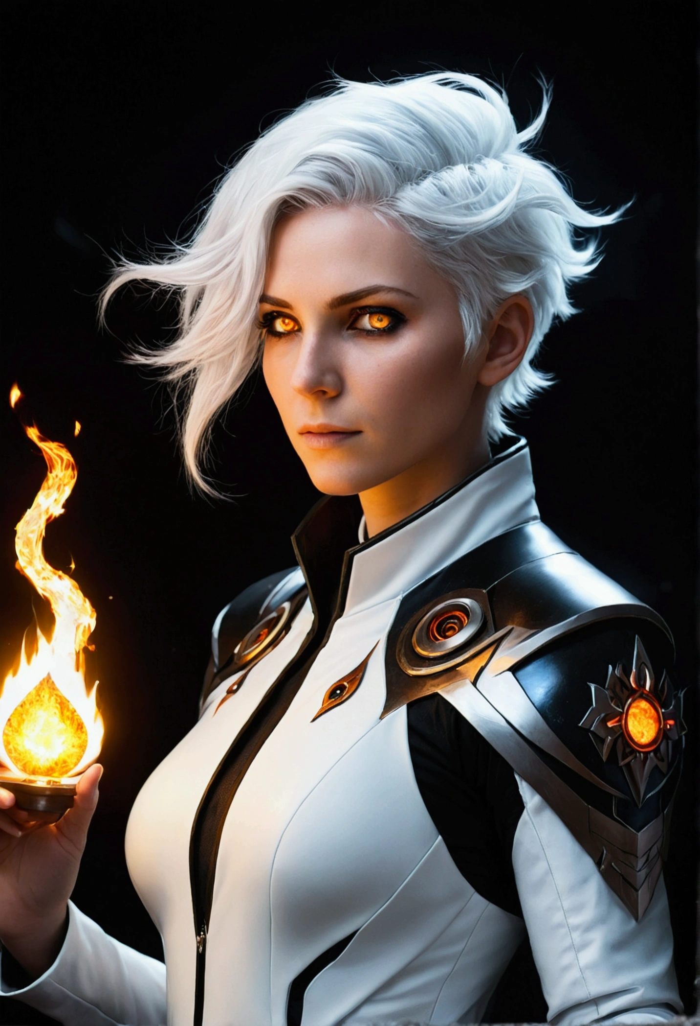 ((cosmic mage)), human female, cosmic mage, dark sci fi, sci fi, fire like hair, white hair, ((white eyes)), glowing eyes, human mage, human cleric, space cleric, particles, space particles, black suit, space magic, ((white glowing eyes)), mohawk fire hair, short hair, boying hair, ((flame like hair)), glowing hair, light eyes. wallpaper, hd wallpaper, space background.