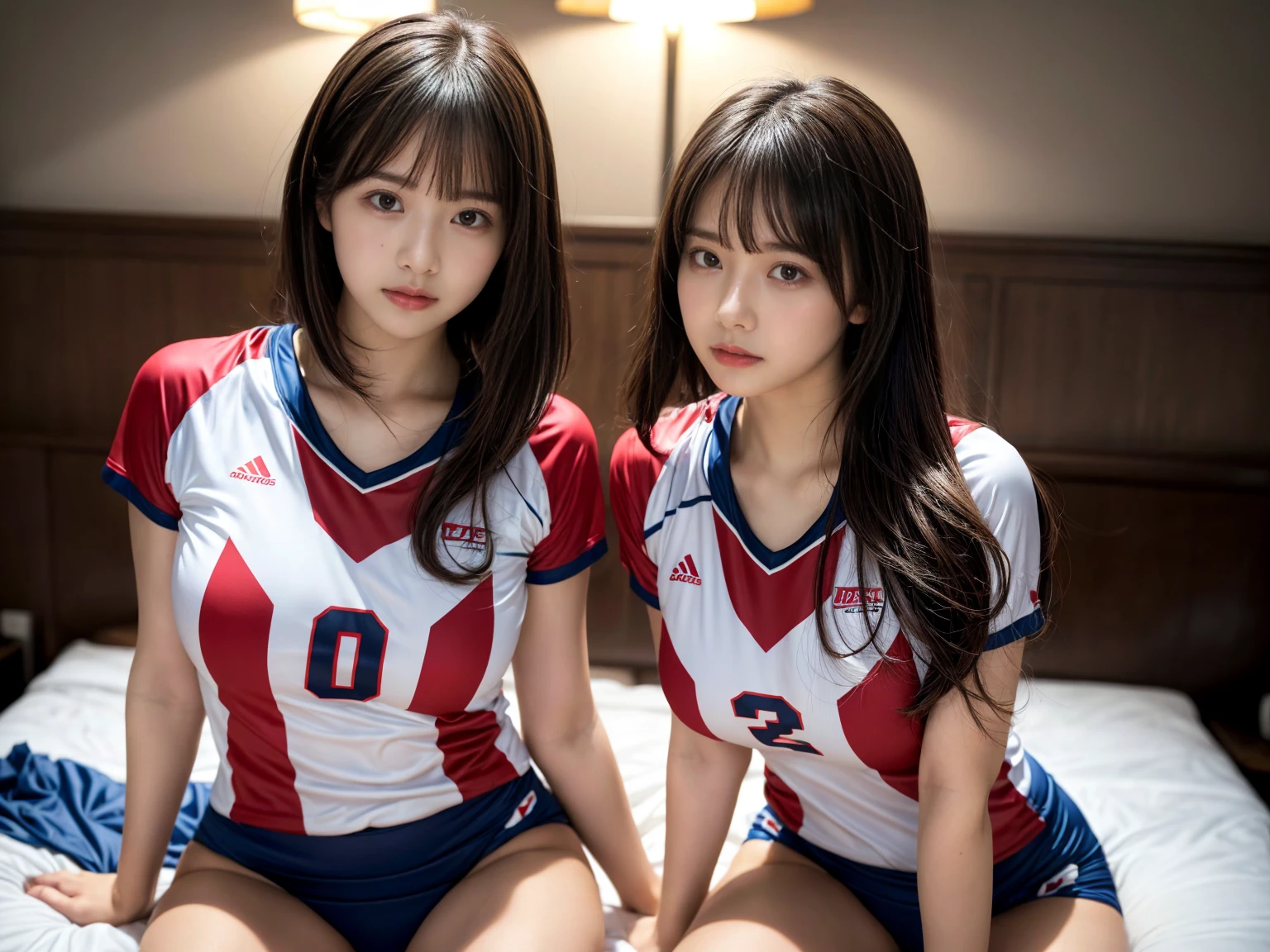 masterpiece, best quality, illustration, Super detailed, fine details, High resolution, 8K,wall paper, perfect dynamic composition,(Details High quality, realistic depiction of eyes:1.3), (2 girls), (short hair volleyball player, Volleyball Uniforms), Tight clothes, sitting, open legs, short bob hair, in a hotel room in the background, deep on field, large breasts, black hair color, Big Natural Color Lip, (perfect body shape), crying a little、Harajuku style、20 year old girl、cute type、beautiful legs, Gravure Idol