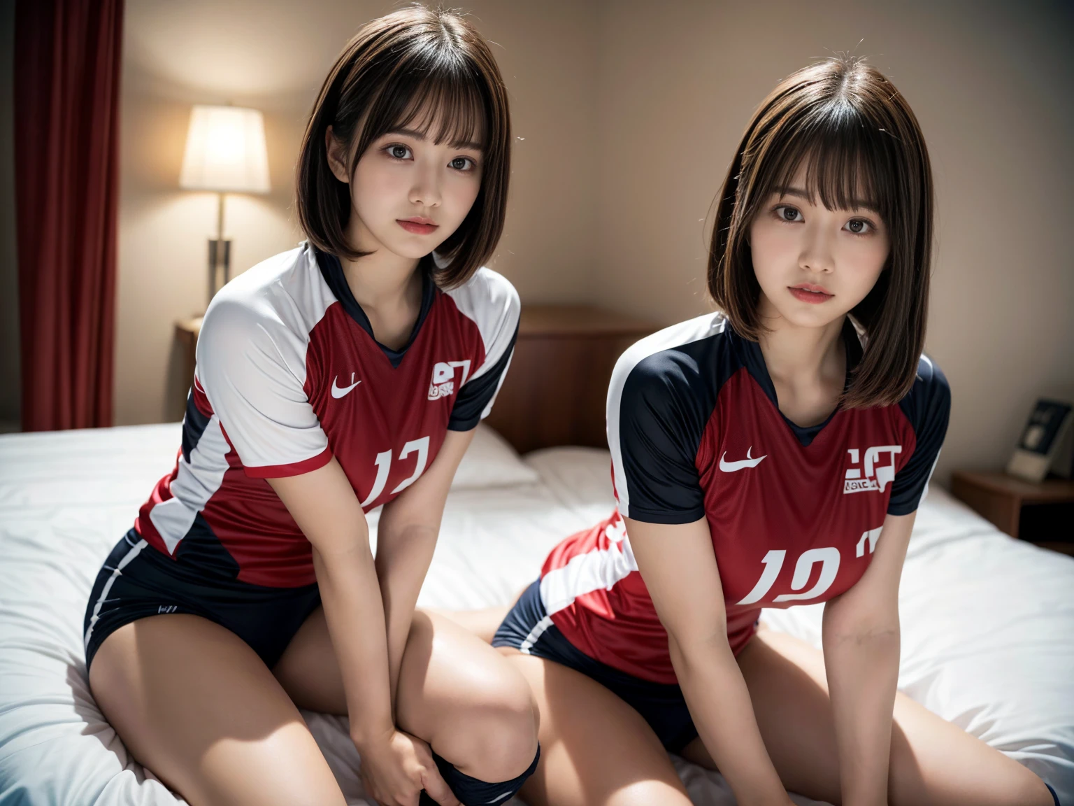 masterpiece, best quality, illustration, Super detailed, fine details, High resolution, 8K,wall paper, perfect dynamic composition,(Details High quality, realistic depiction of eyes:1.3), (2 girls), (short hair volleyball player, Volleyball Uniforms), Tight clothes, sitting, open legs, short bob hair, in a hotel room in the background, deep on field, large breasts, black hair color, Big Natural Color Lip, (perfect body shape), crying a little、Harajuku style、20 year old girl、cute type、beautiful legs, Gravure Idol