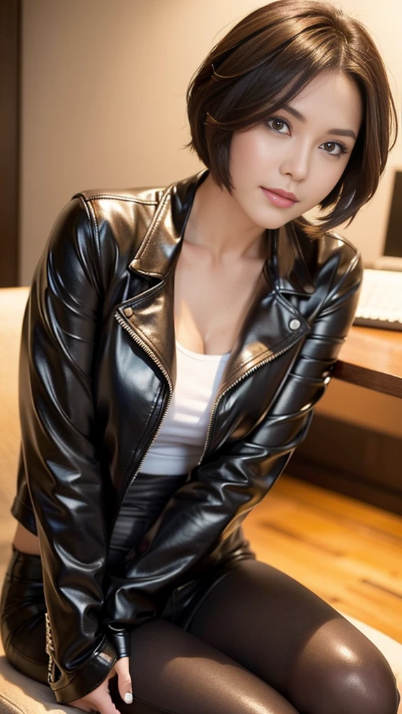 best image quality、超A high resolution、1 girl、beautiful face、short hair､Announcer wearing a long-sleeved leather jacket、sitting in the studio