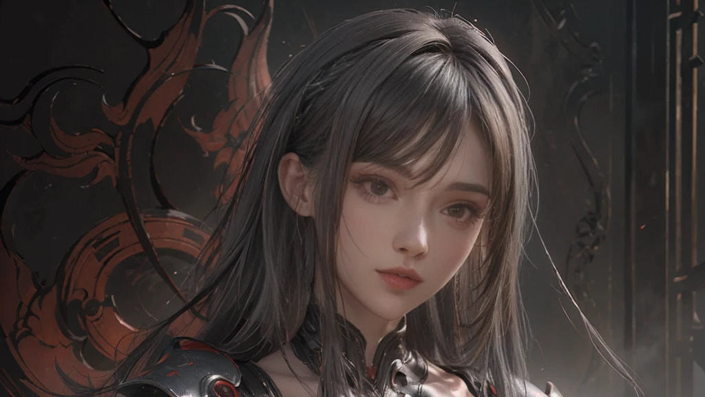 masterpiece,Game Art,Best picture quality,Maximum resolution,8K,(portrait),Unreal Engine 5 rendering works,(Digital Photography),((portrait Feature:1.5)),
20 year old girl,Short hair details,Long bangs,(The red eye makeup is carefully applied),(With long gray hair:1.4),(Large target, Full breasts),Elegance and nobility,Brave and charming,
(The future armor combines the characteristics of Chinese armor,hollow-carved design,Power Armor,Mysterious oriental runes,Exquisite clothing patterns,Magic Flash),Future Warrior,Cyberpunk Characters,War Background,
light,Ray Tracing,Game CG,((3D Unreal Engine)),OC rendering reflection mode