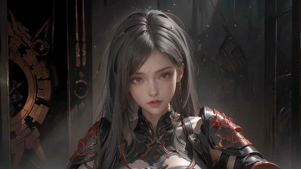 masterpiece,Game Art,Best picture quality,Maximum resolution,8K,(portrait),Unreal Engine 5 rendering works,(Digital Photography),((portrait Feature:1.5)),
20 year old girl,Short hair details,Long bangs,(The red eye makeup is carefully applied),(With long gray hair:1.4),(Large target, Full breasts),Elegance and nobility,Brave and charming,
(The future armor combines the characteristics of Chinese armor,hollow-carved design,Power Armor,Mysterious oriental runes,Exquisite clothing patterns,Magic Flash),Future Warrior,Cyberpunk Characters,War Background,
light,Ray Tracing,Game CG,((3D Unreal Engine)),OC rendering reflection mode