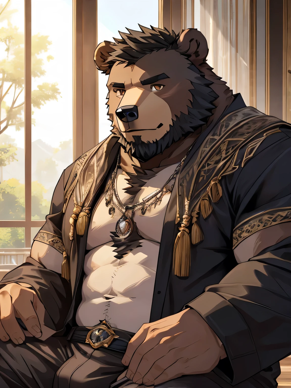 (Extremely detailed),Be focused,Delicate eyes,,Brown eyes furry,(Black and white fur), black beard,Black Hair,human nature (Bear:1.3), male, Middle-aged and elderly people, Brown body, White belly, muscular ,(Crotch bulge),Extremely detailed face,(Messy 1.4),(best quality), (masterpiece), High Detail,high quality,high resolution,16K,close up,(Wear only white),(CEO&#39;s office:1.3),Majestic appearance,Overlooking,(Brown fur:1.3),(Ordinary clothing),((Suit)),Kneeling,Saliva around mouth