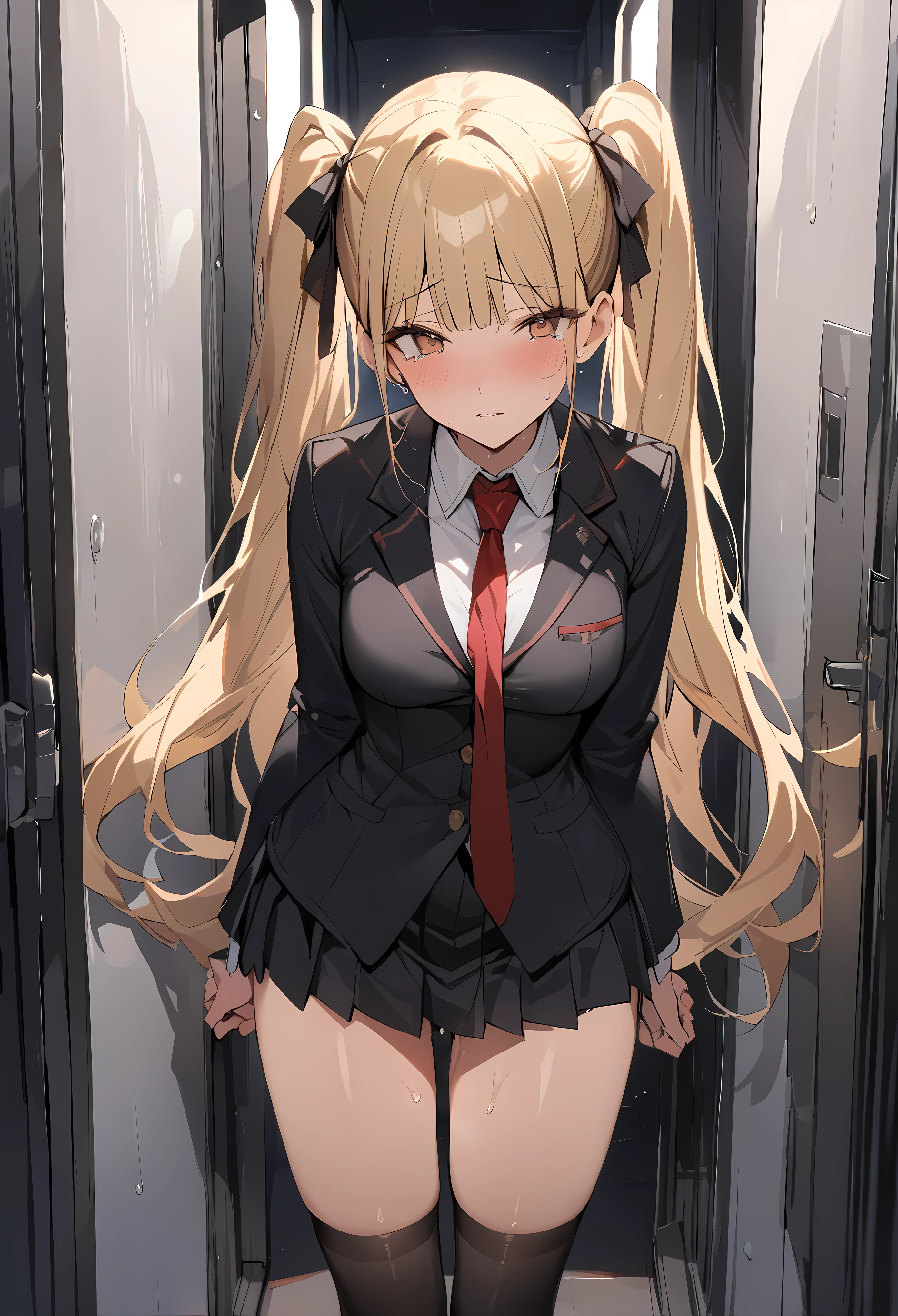 ((masterpiece,best quality anime,Highest quality:1.3)),after rape,cowboy shot,Mature Beauty,solo,1woman,((very small head:1.3)),((ideal ratio body proportions:1.2)),blonde hair,high twin tails,straight long hair,bangs,gorgeous eyes,brown eyes,sad,tears,(Academy Uniform、Black blazer jacket、Red tie、Black pleated mini skirt),black_thighhighs,black hair ties,((slender body,skinny)),medium breasts,sweat:1.3,gleaming skin,shiny skin,creampie,cum drip、walk、corridor、Academy、Modern Tokyo、