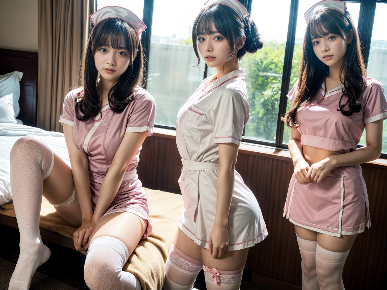 masterpiece, best quality, illustration, Super detailed, fine details, High resolution, 8K,wall paper, perfect dynamic composition,(Details High quality, realistic depiction of eyes:1.3), (3 girls), ((nurse cap, short sleeves, light pink nurse wear, ((white legwear, zettai ryouiki)))), sitting, open legs, short bob hair, in a hotel room in the background, deep on field, large breasts, black hair color, Big Natural Color Lip, (perfect body shape), crying a little、Harajuku style、20 year old girl、cute type、beautiful legs, Gravure Idol