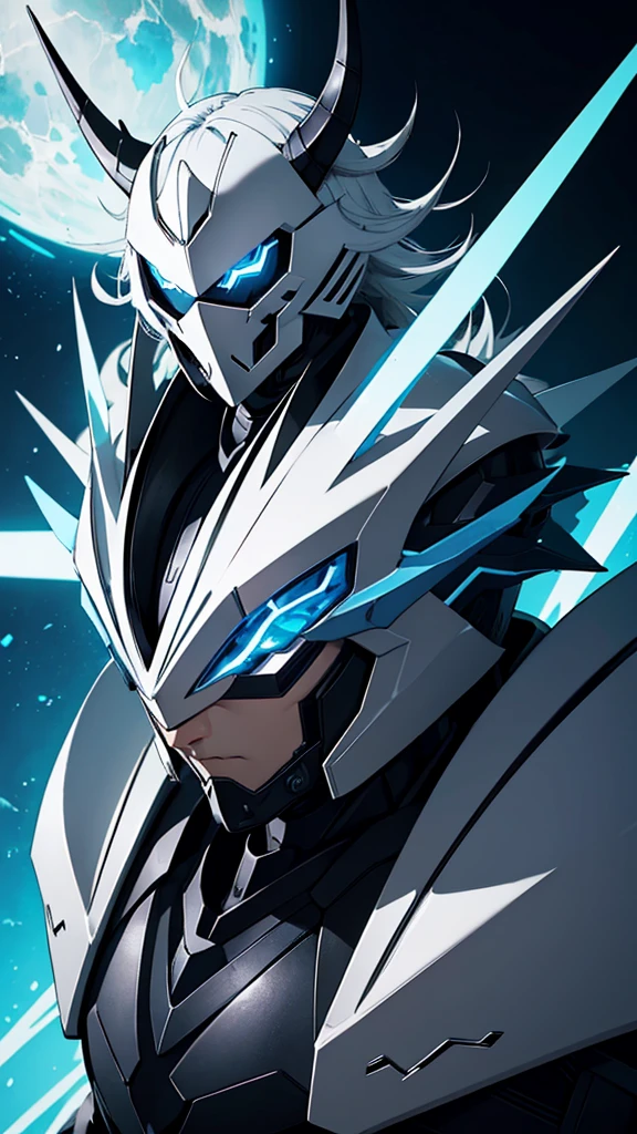 Make a character ((extreme quality))Anime character with long white spiky hair, a helmet with horns and blue eyes, matte black armor and blue symbols, marks all along his shoulder pads like scorpions' tails and various spikes, and on his back, six different moons, bracelets with humic designs, he has boots as dark as night,he walks on a river and the moon is in the sky with black clouds and a sentence in this image (for the bank... MOON LORD PRIME) and he is in front