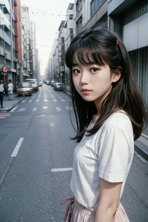 A city pop scenario. A japanese girl in 1985 tokyo looking like Maryia Takeuchi. A 1980 scenario in tokio. Analog video filter.