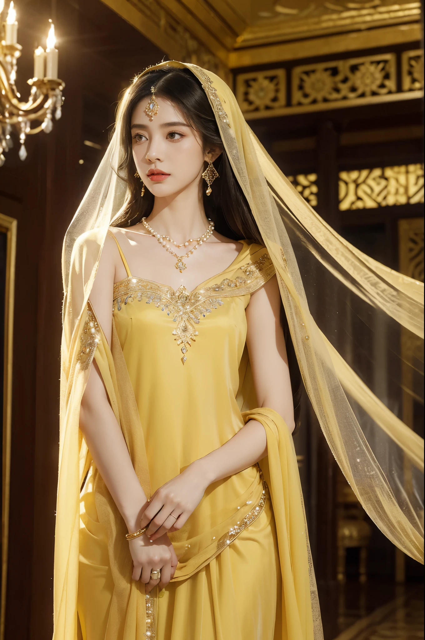 (((best quality))),(((ultra detailed))),(((masterpiece))),illustration,((1girl,Arabian dancer,solo)),(yellow hijab:1.3),((slim,thin)),((small breasts,flat chest)),((earrings,necklace)),((pearls,jewels,gemstones)),(night scene:1.3),(standing:1.3),(arms behind back:1.2),(in luxurious palace:1.3),(indoor:1.3),(gorgeous embroidered yellow sheer abaya:1.3),intricate patterns,((Arabian theme,Middle Eastern culture)),(shoulder length straight hair:1.2),(sheer veil on face:1.3),mystery, ornate furnishings, decorations, enchantment, magic, Persian magic carpet,night sky, floating,flame, fulfillment of desires,romance,One Thousand and One Nights, coherent narrative, dreamlike atmosphere, deep emotions, graceful movements, passion, face beneath the veil, beloved's dream, timeless beauty, enchantment,magical world, wondrous journey,((from front,upper body))