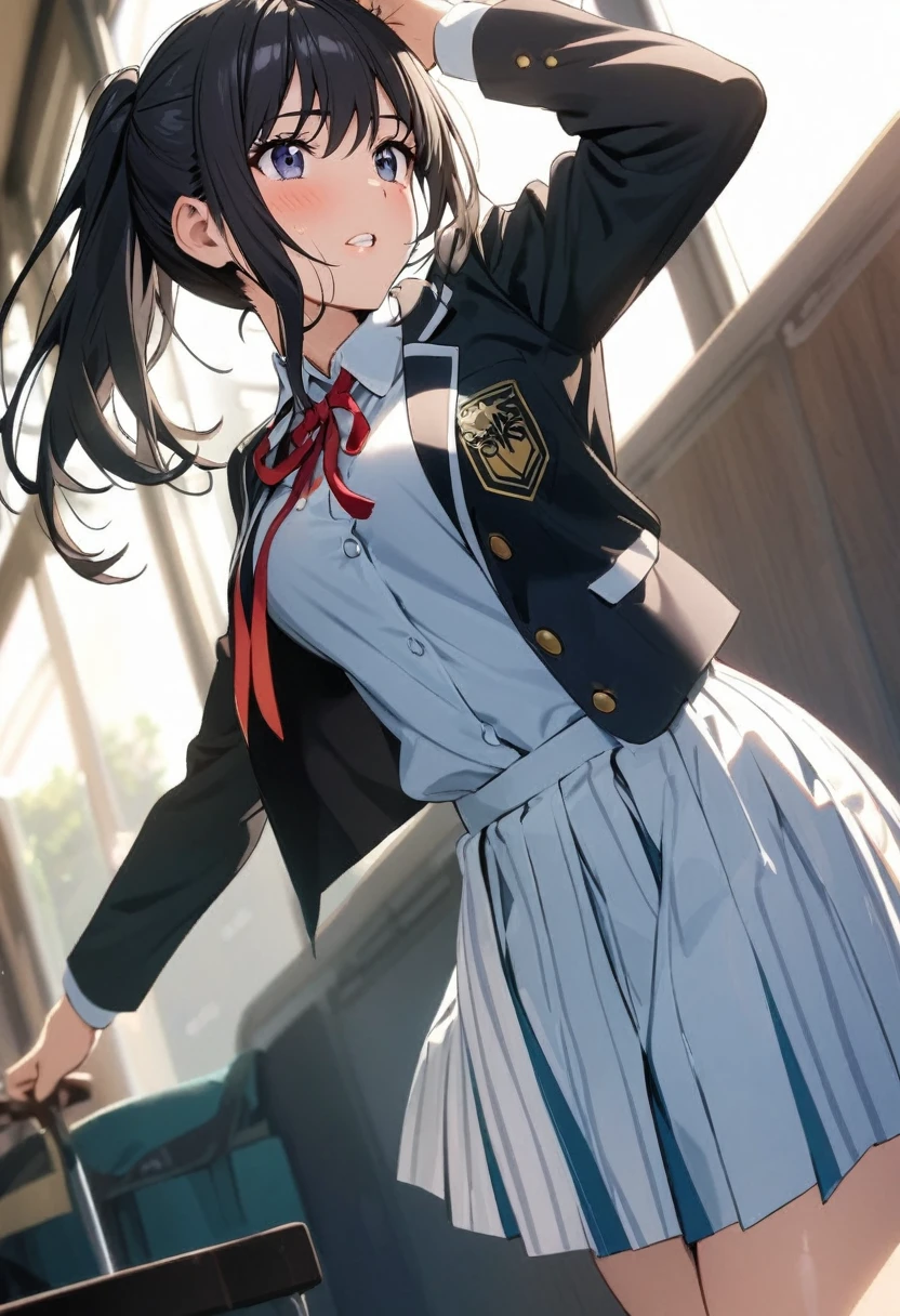 A beautiful highschool girl and popular with black hair, Wearing a Highschool uniform