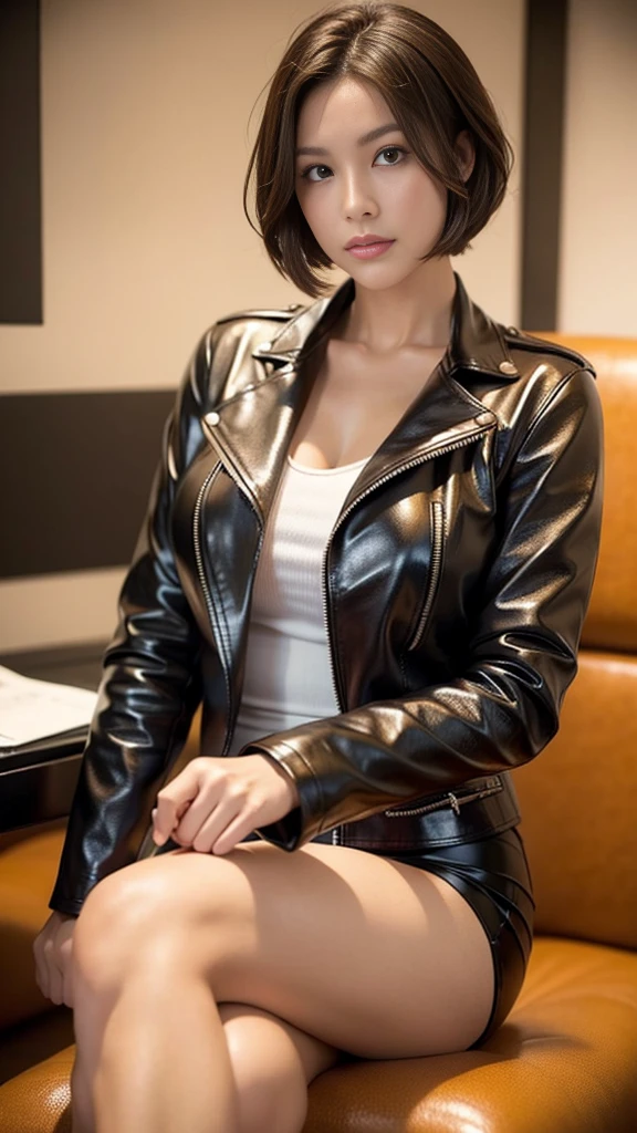 best image quality、超A high resolution、1 girl、beautiful face、short hair、Announcer wearing a long-sleeved leather jacket、sitting in the studio