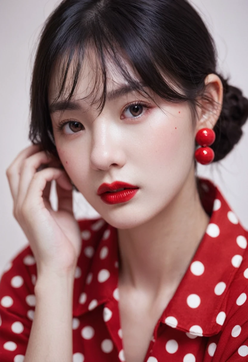 Shiny,Vague,red polka dots,grid,1 girl,fair