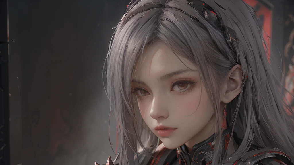 masterpiece,Game Art,Best picture quality,Maximum resolution,8K,(portrait),Unreal Engine 5 rendering works,(Digital Photography),((portrait Feature:1.5)),
20 year old girl,Short hair details,Long bangs,(The red eye makeup is carefully applied),(With long gray hair:1.4),(Large target, Full breasts),Elegance and nobility,Brave and charming,
(The future armor combines the characteristics of Chinese armor,hollow-carved design,Power Armor,Mysterious oriental runes,Exquisite clothing patterns,Magic Flash),Future Warrior,Cyberpunk Characters,War Background,
light，Ray Tracing，Game CG，((3D Unreal Engine))，OC rendering reflection mode