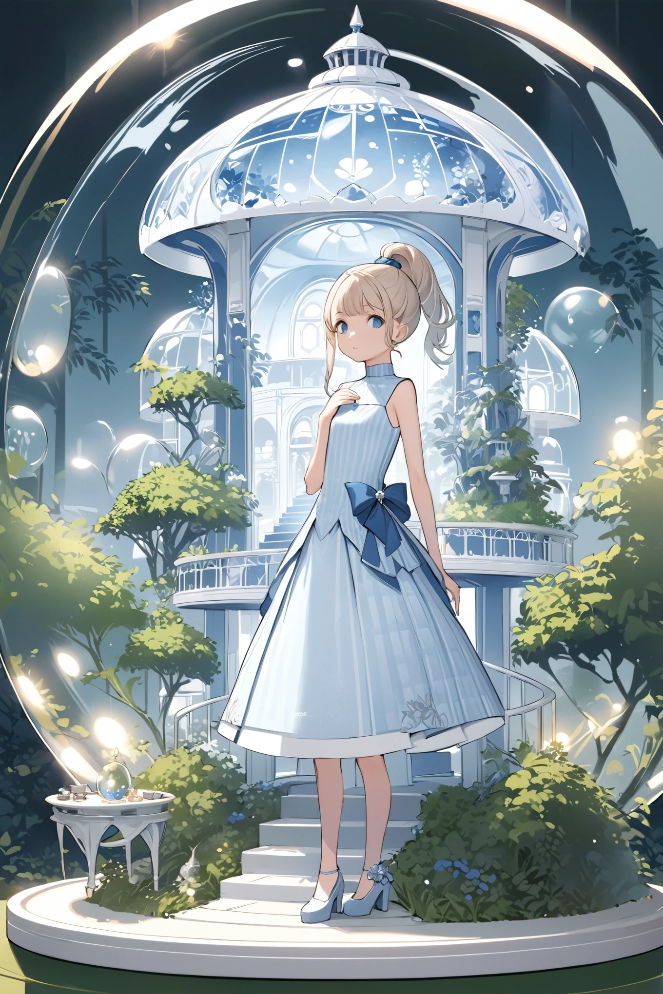 masterpiece, high quality. A detailed full-body illustration featuring a young girl with long, platinum blonde hair tied into a high ponytail with a large blue bow. She has large, captivating blue eyes and a thoughtful expression. She is dressed in a light blue and white checkered dress with a matching blue bow at the neckline. The girl is inside a glass dome, standing on a detailed circular platform that resembles a miniature architectural scene with a dome building and greenery. The background is clean and minimal, emphasizing the girl's elegant appearance and the intricate details of the miniature scene. The lighting is soft and diffused, highlighting her hair, eyes, and the fine details of her dress and surroundings, creating a magical and enchanting ambiance