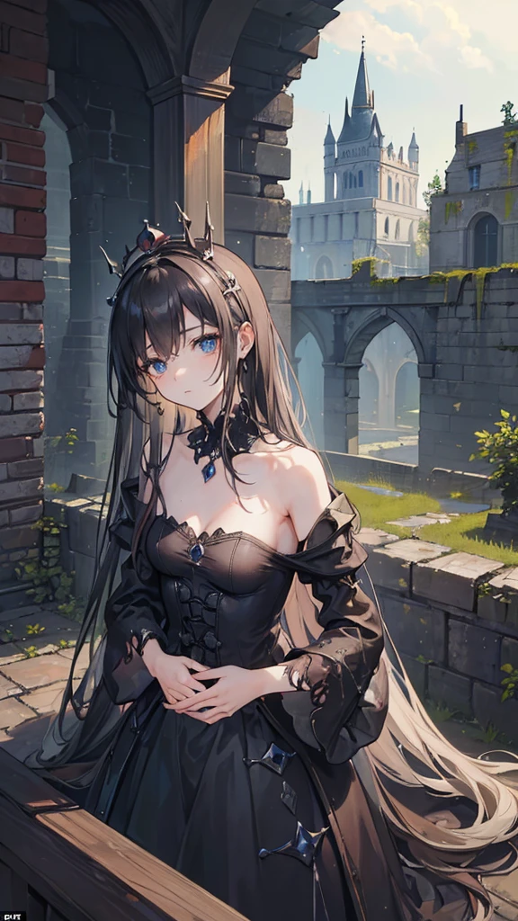 ((True best masterpiece, Ultimately perfect quality, Extremely delicate details)), ((Ruined castle, Sorrow, Fantasy)) A skinny sorcerer girl with small bust, Crowning a rusty iron crown, Wearing a black torn dress, Holding a weathered sword, Collapsed stone walls, Cracked bricks, Forgotten one, A miserable looser