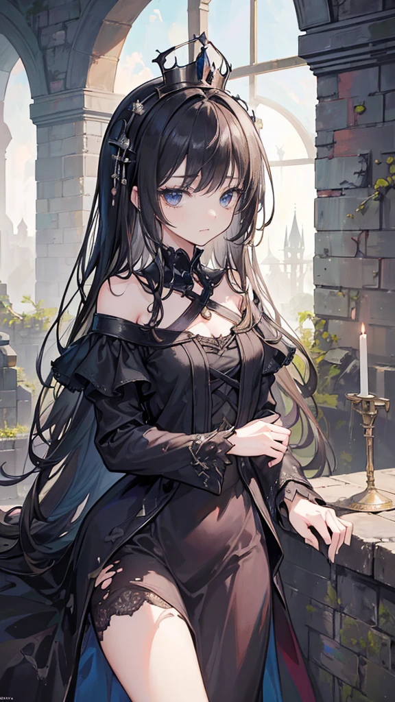 ((True best masterpiece, Ultimately perfect quality, Extremely delicate details)), ((Ruined castle, Sorrow, Fantasy)) A skinny sorcerer girl with small bust, Crowning a rusty iron crown, Wearing a black torn dress, Holding a weathered sword, Collapsed stone walls, Cracked bricks, Forgotten one, A miserable looser