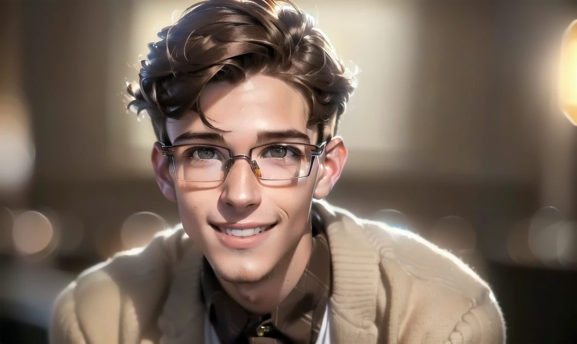 "((highly detailed, detailed eyes, detailed face, clear and realistic facial features, photorealistic, realistic light; cinematic)), (1 man), ((((sexy beautiful male nerd aged 18)))), (((ugly glasses))), ((lopsided smile)), ((smiling eyes)), (((slender body))), (((((brown hair))))), (((light brown eyes))), ((blushing)), (((dressed in nerdy clothes)))."