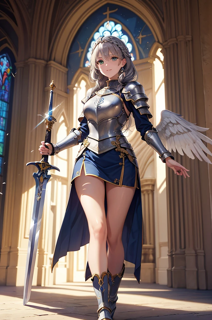 (Official Art、best quality、Unity 8k Wallpaper、32K、masterpiece、Ultra Detailed、Ultra-high resolution、Realist、Photorealistic、very ridiculous:1.2)、(light:1.2)、Fire effect、Film particles、Best shadow、Edge lighting、Side lights、(Ultra-detailed and complex 3D rendering)、细致Beautiful face和眼睛、Sharp pupils、Realistic students、Slim、１Men and women、Medium bust、(whole body:1.2)、 Beautiful face、16 year old beautiful girl、(Super delicate skin、Delicate skin texture:1.3)、(Silver Blonde、Blue-silver hair:1.3)、Paladin、Langheier、Bangs、Green Eyes、3 braids in 1 bundle、(Blue Armor、Blue boots、Blue helmet、jeweled、Gold thread embroidery)、Slim、Overlength skirt、(Thighs Thighs Thighs Thighs:0.8)、(Chies、In the house、Stained glass of art、Large pipe organ、Hello、mystery、A lot of feathers floating、Angelic、Light Particles、serious、Sunshine is、Colorful、Amazing:1.2)、(Amazing:1.3)、(Holding a holy sword:1.4)、Amazing、Smile smile