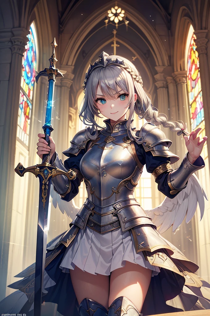 (Official Art、best quality、Unity 8k Wallpaper、32K、masterpiece、Ultra Detailed、Ultra-high resolution、Realist、Photorealistic、very ridiculous:1.2)、(light:1.2)、Fire effect、Film particles、Best shadow、Edge lighting、Side lights、(Ultra-detailed and complex 3D rendering)、细致Beautiful face和眼睛、Sharp pupils、Realistic students、Slim、１Men and women、Medium bust、(whole body:1.2)、 Beautiful face、16 year old beautiful girl、(Super delicate skin、Delicate skin texture:1.3)、(Silver Blonde、Blue-silver hair:1.3)、Paladin、Langheier、Bangs、Green Eyes、3 braids in 1 bundle、(Blue Armor、Blue boots、Blue helmet、jeweled、Gold thread embroidery)、Slim、Overlength skirt、(Thighs Thighs Thighs Thighs:0.8)、(Chies、In the house、Stained glass of art、Large pipe organ、Hello、mystery、A lot of feathers floating、Angelic、Light Particles、serious、Sunshine is、Colorful、Amazing:1.2)、(Amazing:1.3)、(Holding a holy sword:1.4)、Amazing、Smile smile