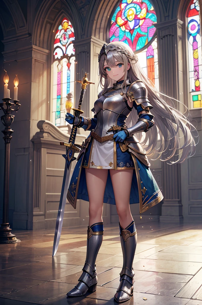 (Official Art、best quality、Unity 8k Wallpaper、32K、masterpiece、Ultra Detailed、Ultra-high resolution、Realist、Photorealistic、very ridiculous:1.2)、(light:1.2)、Fire effect、Film particles、Best shadow、Edge lighting、Side lights、(Ultra-detailed and complex 3D rendering)、细致Beautiful face和眼睛、Sharp pupils、Realistic students、Slim、1Men and women、Medium bust、(whole body:1.2)、 Beautiful face、16 year old beautiful girl、(Super delicate skin、Delicate skin texture:1.3)、(Silver Blonde、Blue-silver hair:1.3)、Paladin、Langheier、Bangs、Green Eyes、3 braids in 1 bundle、(Blue Armor、Blue boots、Blue helmet、jeweled、Gold thread embroidery)、Slim、Overlength skirt、(Thighs Thighs Thighs Thighs:0.8)、(Chies、In the house、Stained glass of art、Large pipe organ、Hello、mystery、A lot of feathers floating、Angelic、Light Particles、serious、Sunshine is、Colorful、Amazing:1.2)、(Amazing:1.3)、(Holding a holy sword:1.4)、Amazing、Smile smile