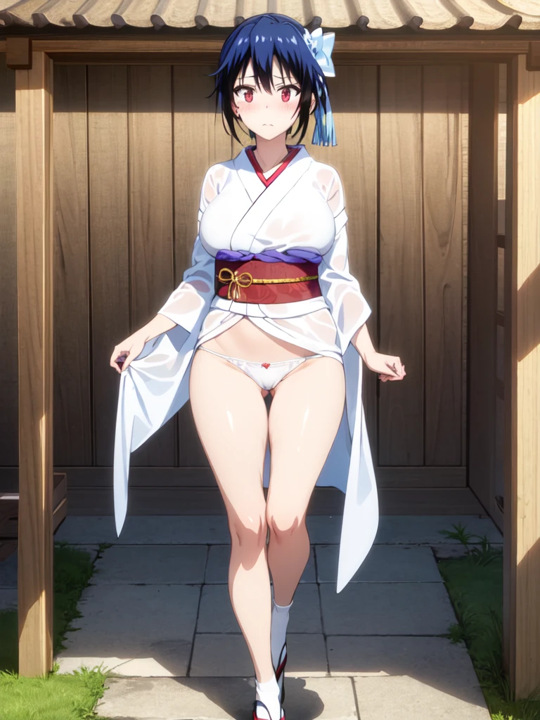 (masterpiece:1.2), best quality, unity 8k wallpaper, extremely detailed face, perfect lighting, (seishirou tsugumi, big breast, solo), standing, white kimono, beautiful nipple, show off nipple, open breast clothes, (transparent kimono:1.3),, white panties, very short skirt, lift skirt, sandales, embarrassed, closed mouth, japanese house, front view,