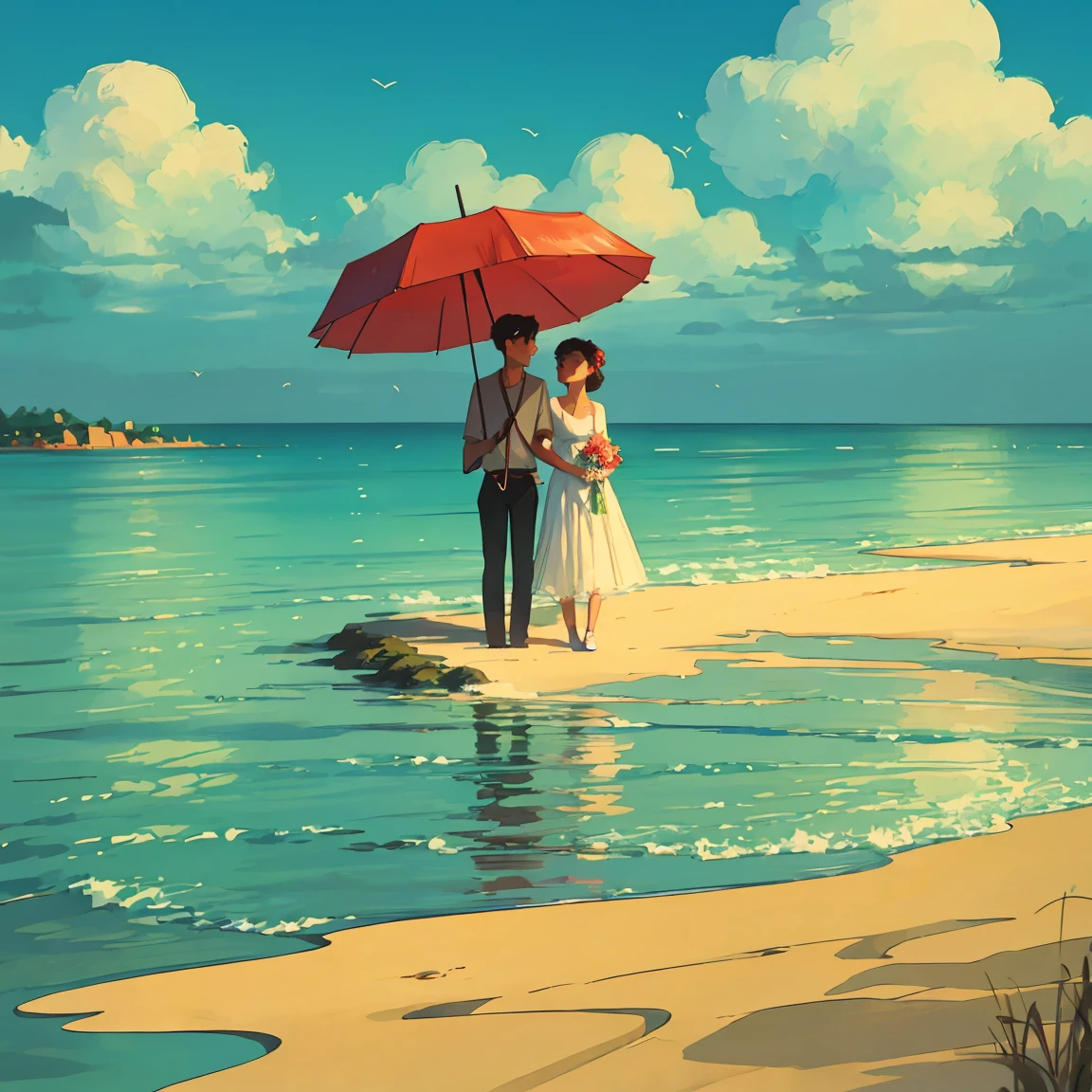 A romantic couple standing together on a beach, holding a red umbrella. The man and woman embrace each other tenderly, looking into each other's eyes with love and affection. The scene is set against a backdrop of a vast ocean, with gentle waves and a beautifully clouded sky. The grass in the foreground is lush and green, providing a soft base for the scene. The image has a slightly painterly effect, with the colors appearing vibrant and soft, reminiscent of an anime or watercolor painting. The overall atmosphere is serene and romantic, capturing a tender moment between the couple. The focus is on the couple, with the background slightly blurred, adding depth to the composition