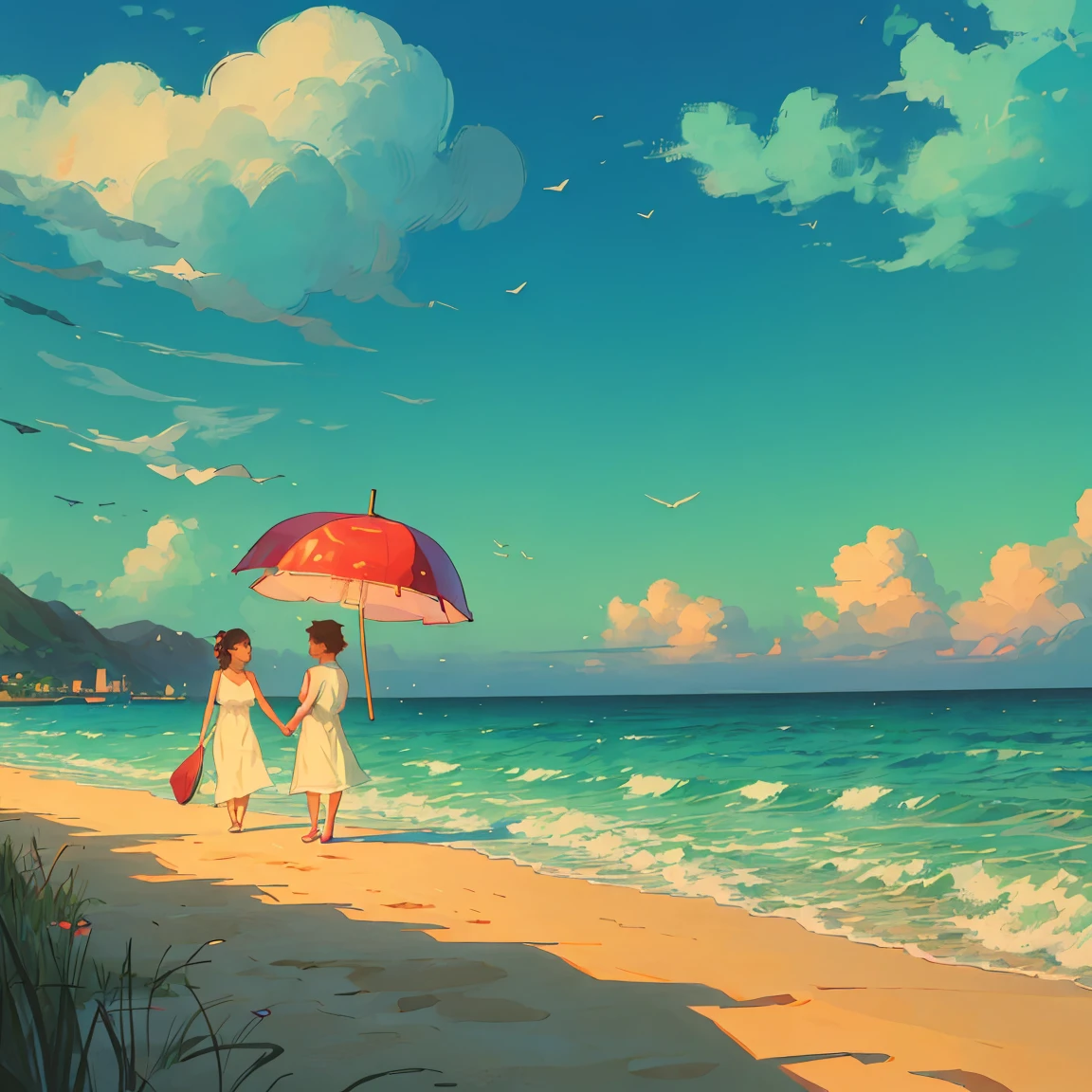 A romantic couple standing together on a beach, holding a red umbrella. The man and woman embrace each other tenderly, looking into each other's eyes with love and affection. The scene is set against a backdrop of a vast ocean, with gentle waves and a beautifully clouded sky. The grass in the foreground is lush and green, providing a soft base for the scene. The image has a slightly painterly effect, with the colors appearing vibrant and soft, reminiscent of an anime or watercolor painting. The overall atmosphere is serene and romantic, capturing a tender moment between the couple. The focus is on the couple, with the background slightly blurred, adding depth to the composition