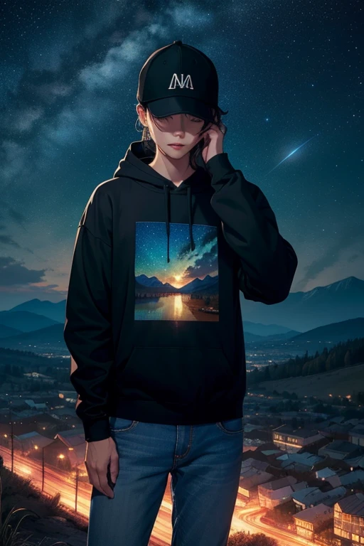 ((best quality)), ((masterpiece)), (detailed), 1 man , black hoodie , black cap , standing position , facing backward , starry night background , mountain background , night time , jeans , cap covering the face