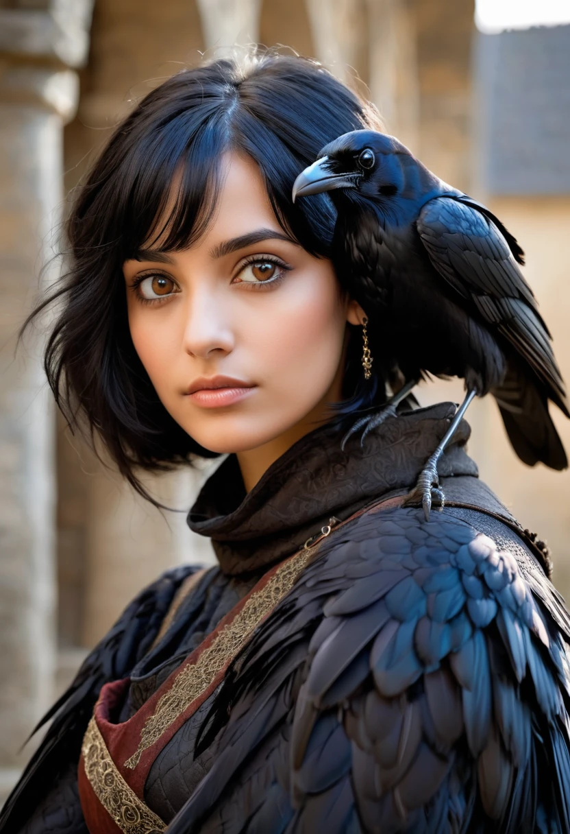 girl, black hair, brown eyes, medieval style, black raven sitting on her shoulder
